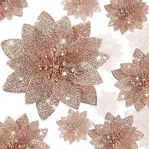 WILLBOND 36 Pieces Christmas Glitter Poinsettia Flowers Faux Flowers Wedding Glitter Christmas Tree New Year Ornaments (Rose Gold)