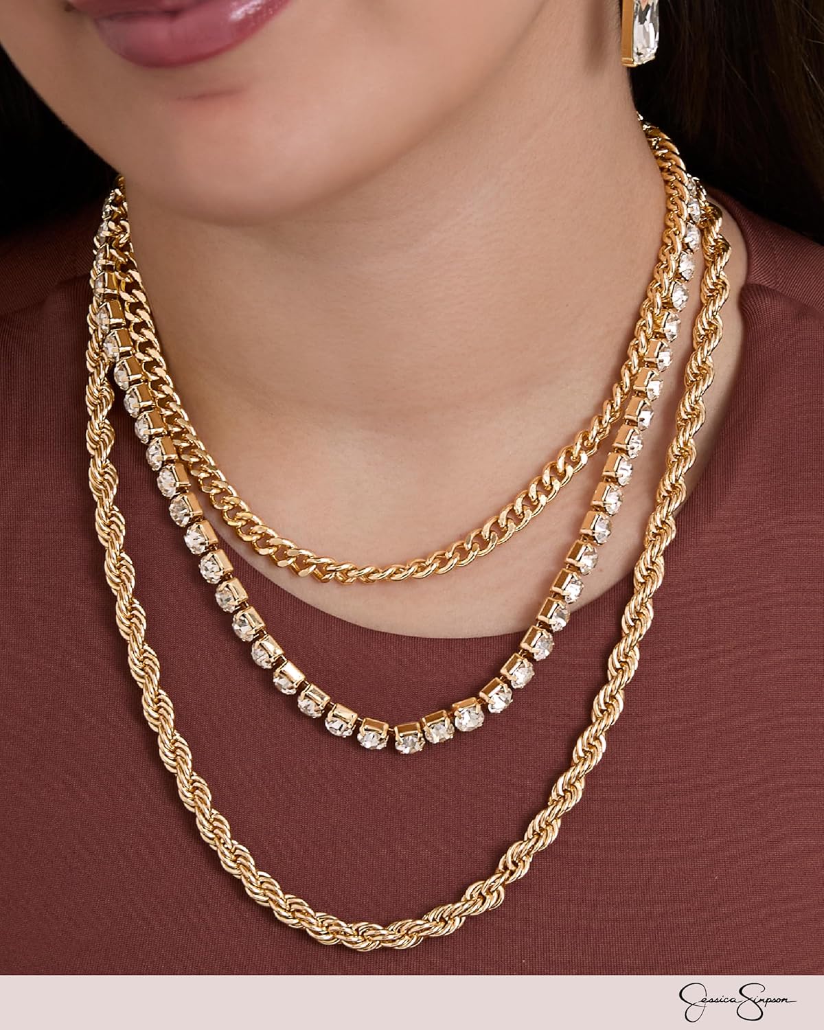 Jessica Simpson Gold-Tone Necklace Set of 3-14,15,16"+3" Layered Necklaces for Women with Clear Crystals - Image 2