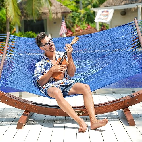 Miniatura 2 de Lazy Daze Hammocks Hamaca doble de cuerda caribeña de 10.5 pies para 2 personas, hamaca de poliéster tejida a mano con barras separadoras, para