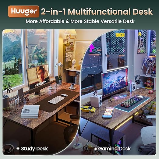 Huuger Computer Desk, 55 Inch Home Office Desk, Gaming Writing Work from Home Study Desk, Large Legroom, Sturdy Metal Frame, Modern Simple, Rustic Brown thumbnail 3