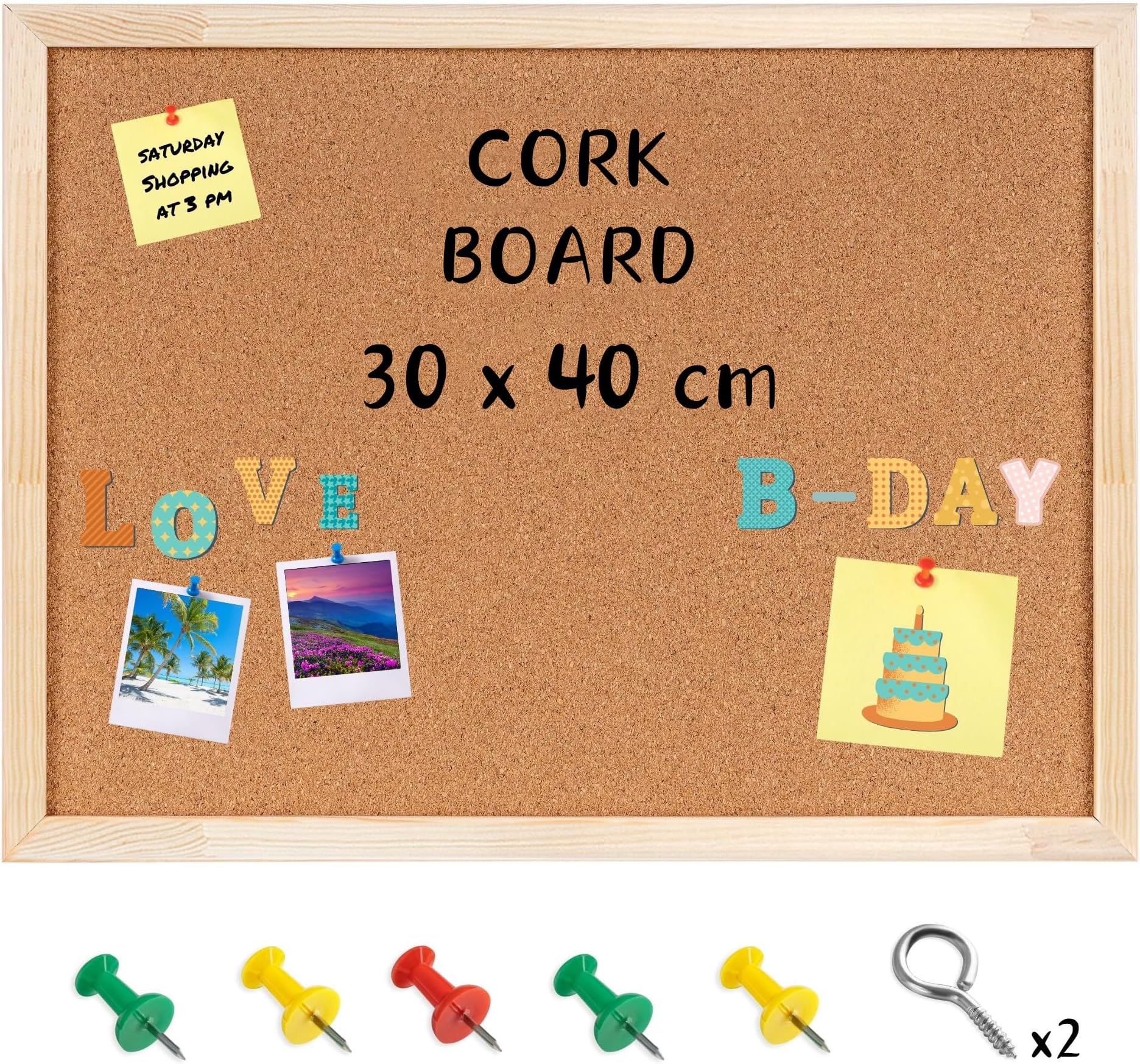 Creative Home 30 x 40 cm (+- 2cm) Cork Board | Wooden Pine Frame | 5 Push Pins Included | Small Pin Board Notice Board Perfect Display Corkboard for Office, Home, Kitchen, Bedroom, School, Café