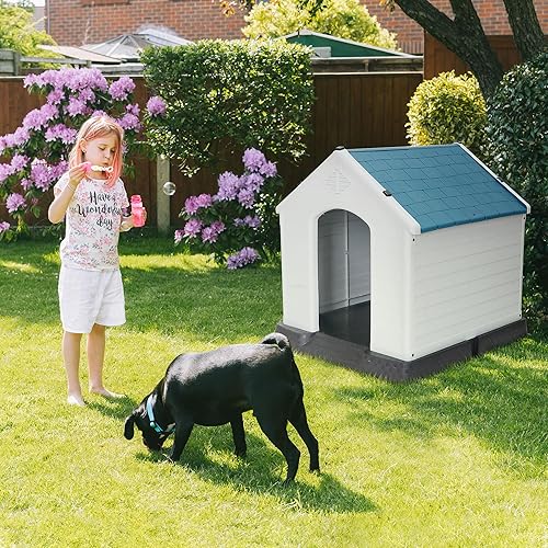 Vista 34 de Casa de plástico resistente al agua para perros pequeños a grandes, refugio interior para cachorros con rejillas de ventilación y piso elevado, Azul