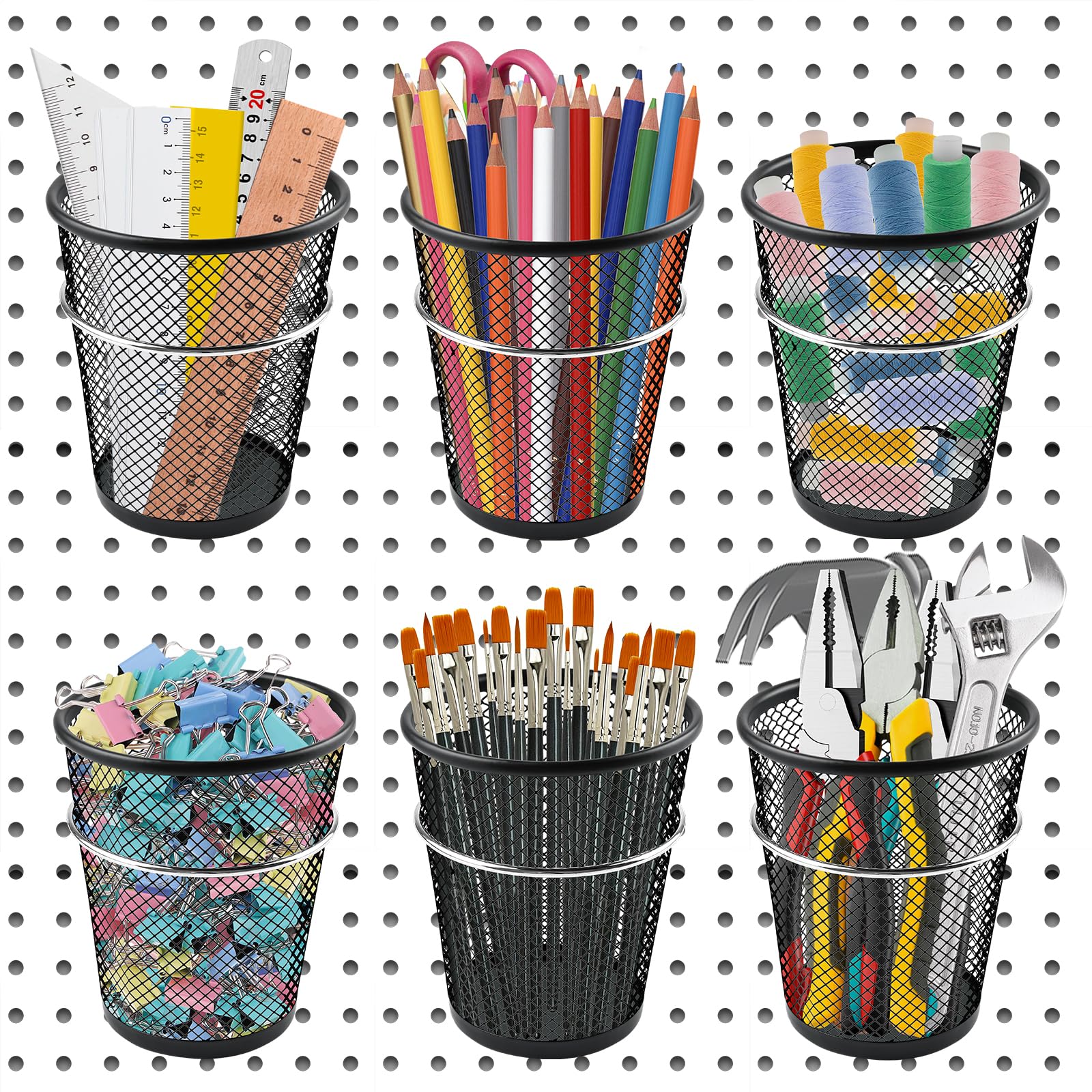 Elesunory 6 Set Pegboard Cups with Ring Hooks, Metal Pegboard Bins, Pegboard Cup Holder Pegboard Hooks for 1/4