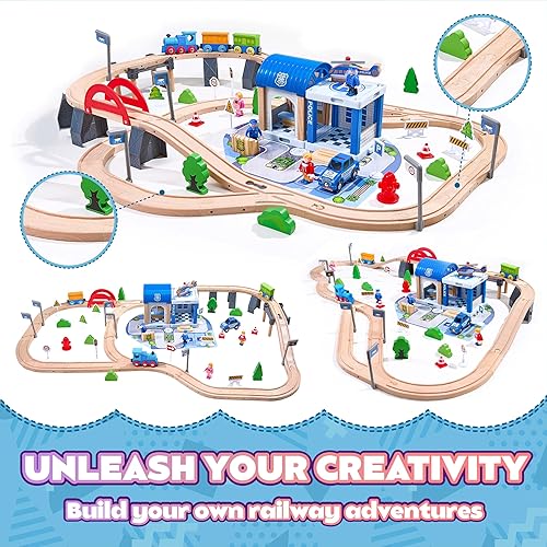 Miniatura 3 de Juego de tren de madera de 102 piezas para niños de 3 a 8 años, pista expandible y personalizable, juguete STEM seguro, no tóxico, regalo para niños