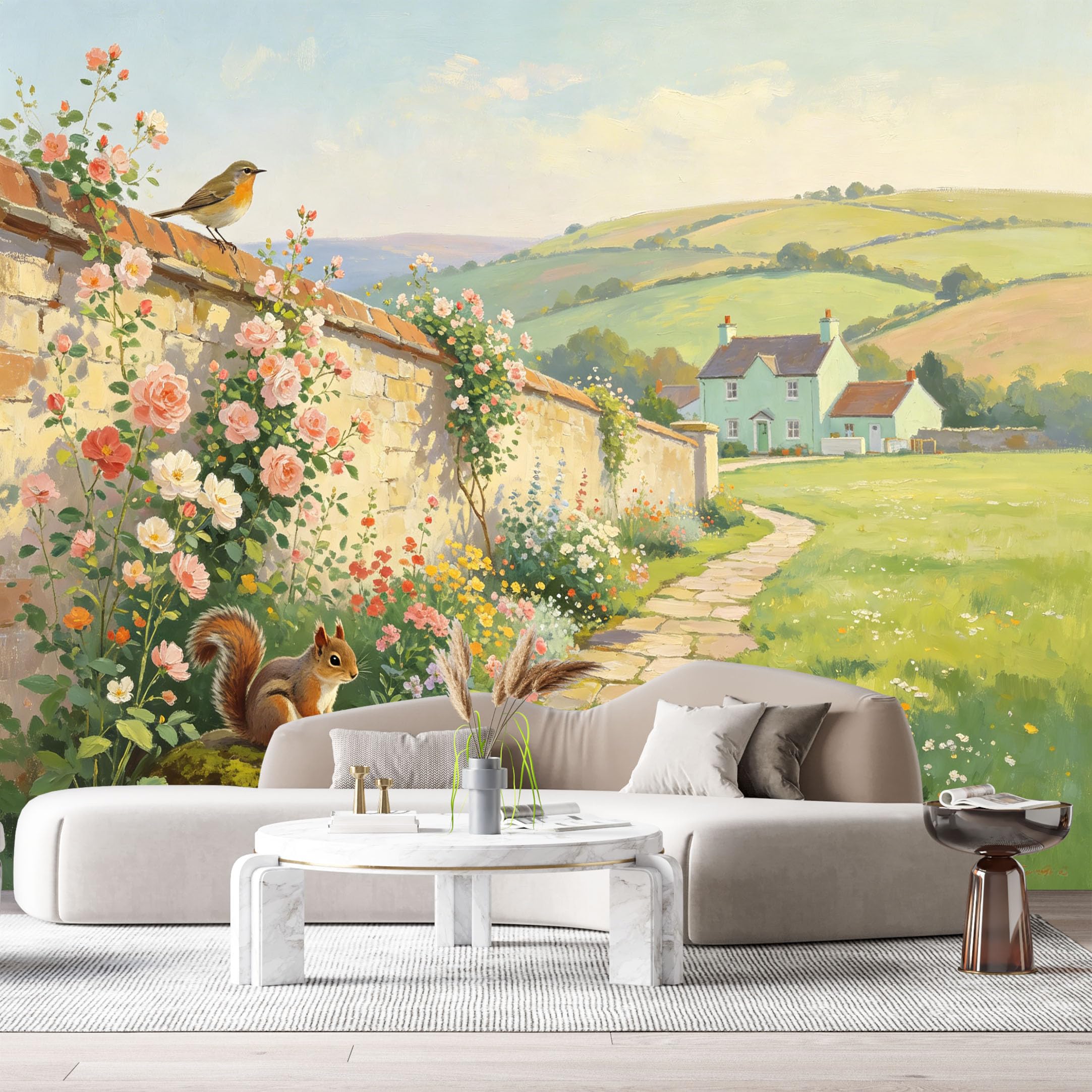 Custom Size Wall Murals Farmhouse American Country Oil Painting Stone Pathway Floral Bird Squirrel SelfAdhesive Wall Fabric Removable Large Wallpaper for Photo Living Room