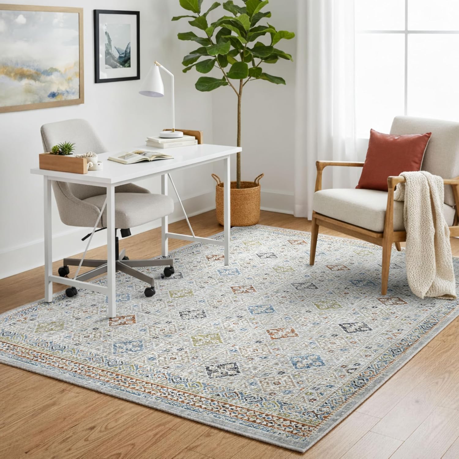 Well Woven Washable Area Rug 8x10 - Mere Modern Plush Rug for Living Room & Bedroom, Sandstone Multi, Subtle Motif Pattern, Recycled Yarns, Stain Resistant Pet Friendly Carpet - Coda Collection