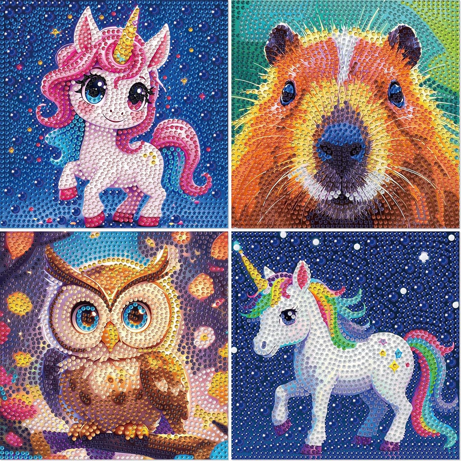 lesaonsy Diamond Painting Art Kit for Kids, 4-Pack Set,5D DIY Gem Art Craft (Unicorn, Owl, Capybara)