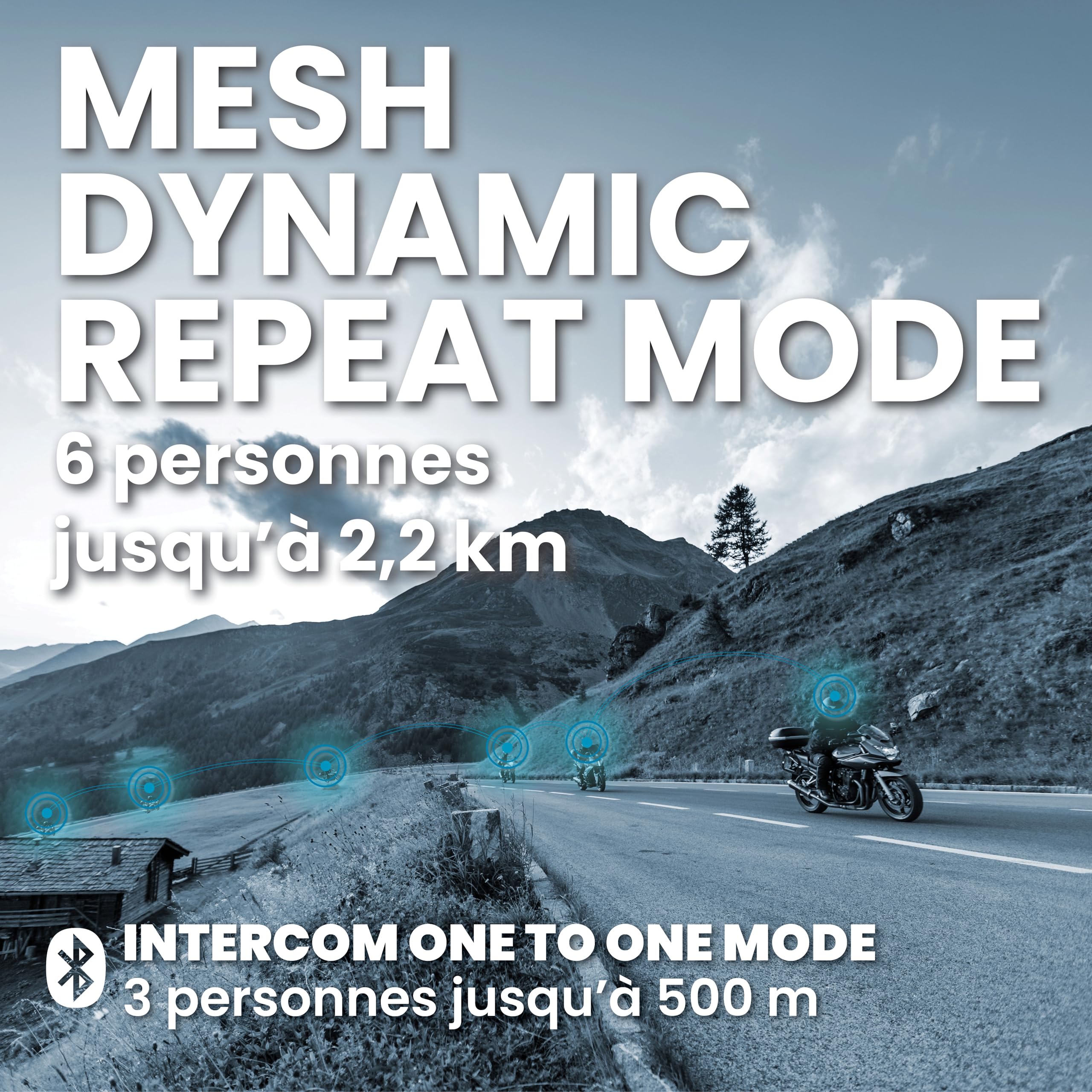 Midland - R1 Mesh Intercom Moto, Écouteurs Bluetooth + Mesh sans Fil, Casque Moto Étanche IPX6, Portée 500m, 23H, Audio RCF Stéréo Background, Compatible TFT et Radio FM, 6 Personnes Conférence