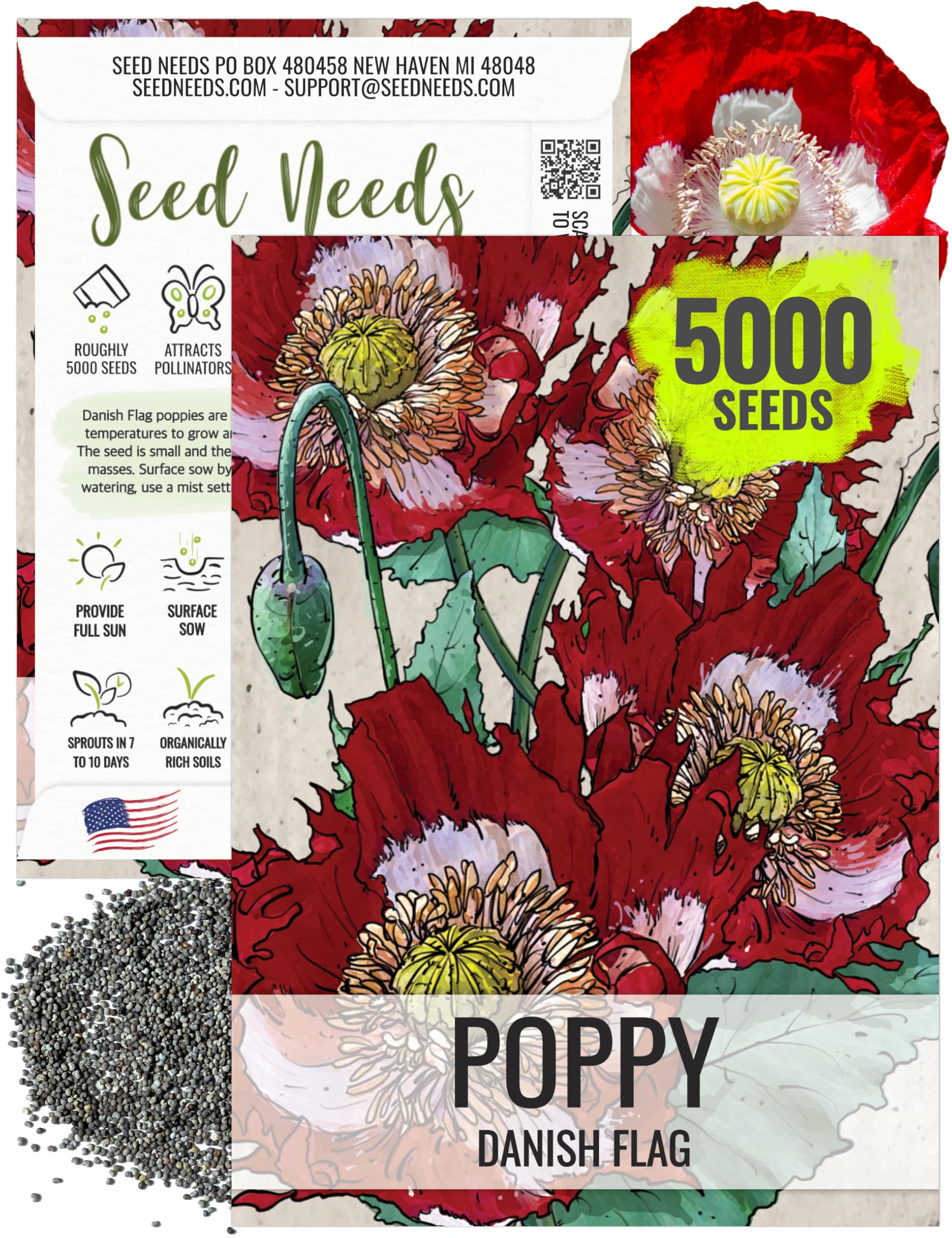 Seed Needs Danish Flag Poppy Seeds for Planting - Heirloom & Open Pollinated Annual Flowers - Attracts Pollinators/Butterflies to a Butterfly Garden (1 Pack)