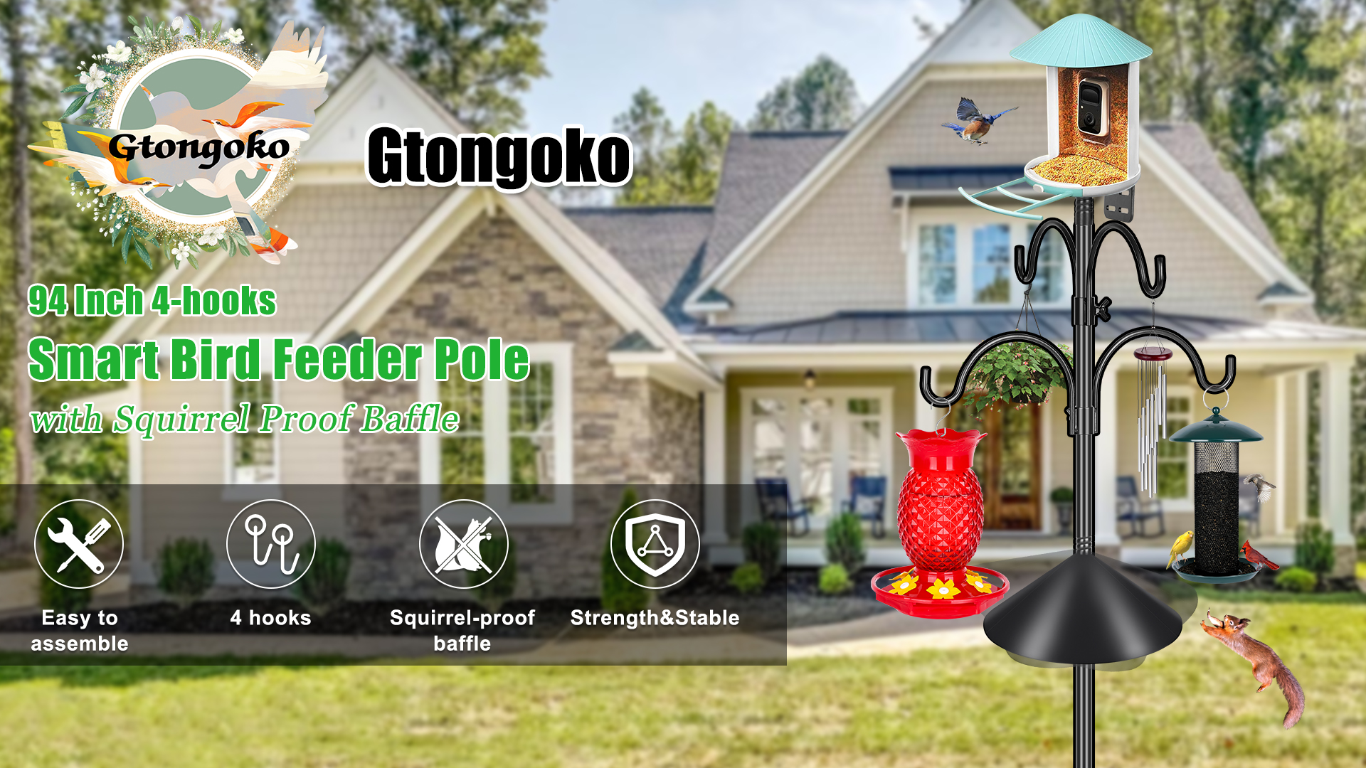Amazon.com : Gtongoko Smart Bird Feeder Pole Squirrel Proof 1-Inch Dia 94  Inch with 4 Shepherds Hooks Hanging Bluebird House Pole for Outdoors  Squirrel Baffles for Feeders Metal Heavy Duty Mounting Kit :
