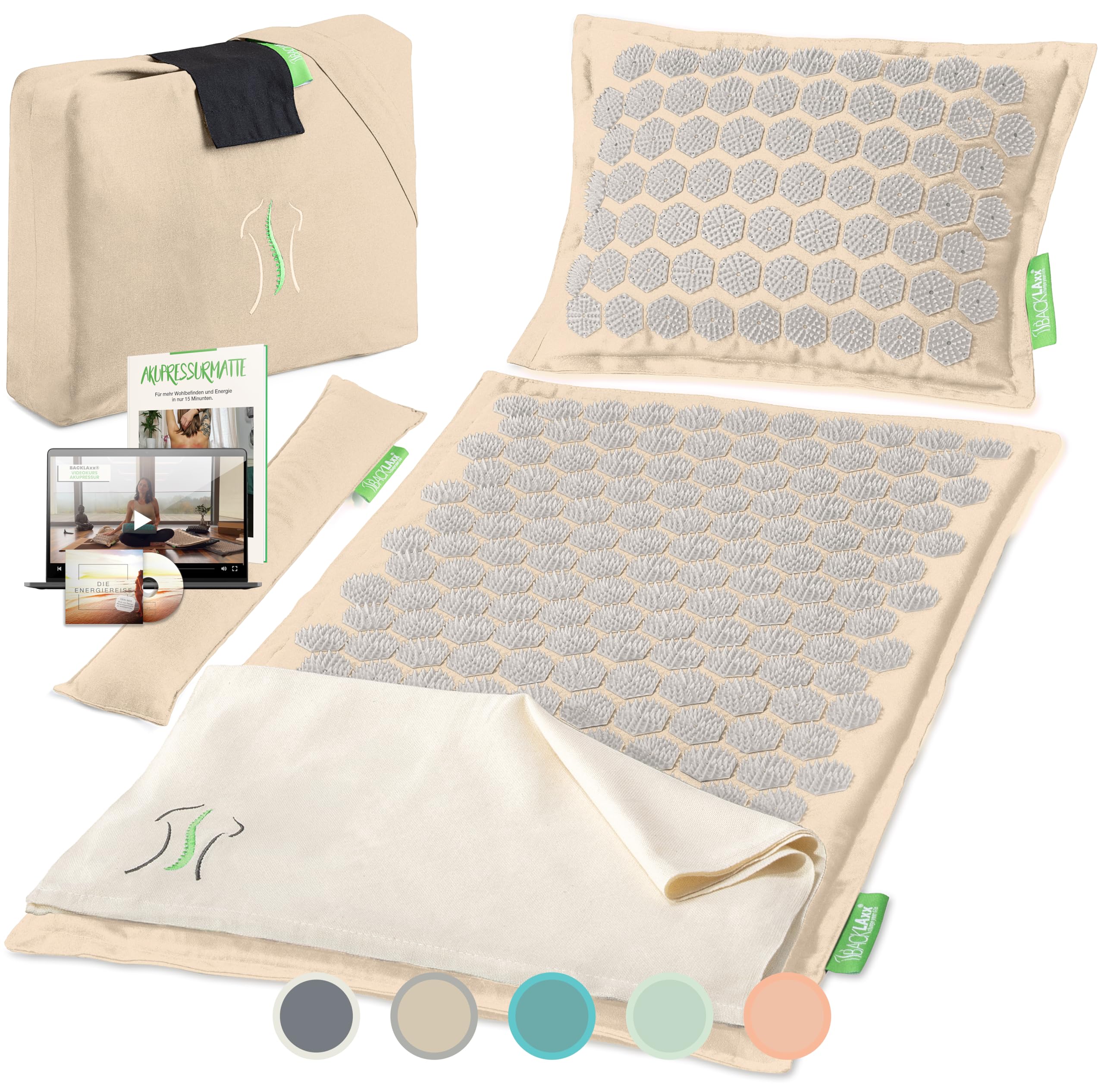 BACKLAxx ® Akupressurmatte mit Kissen, Tuch und Tasche, Akupunktur Matte mit Stacheln zur Massage und Entspannung von Nacken und Schulter, Massagematte Rücken (natur) zur Akupressur