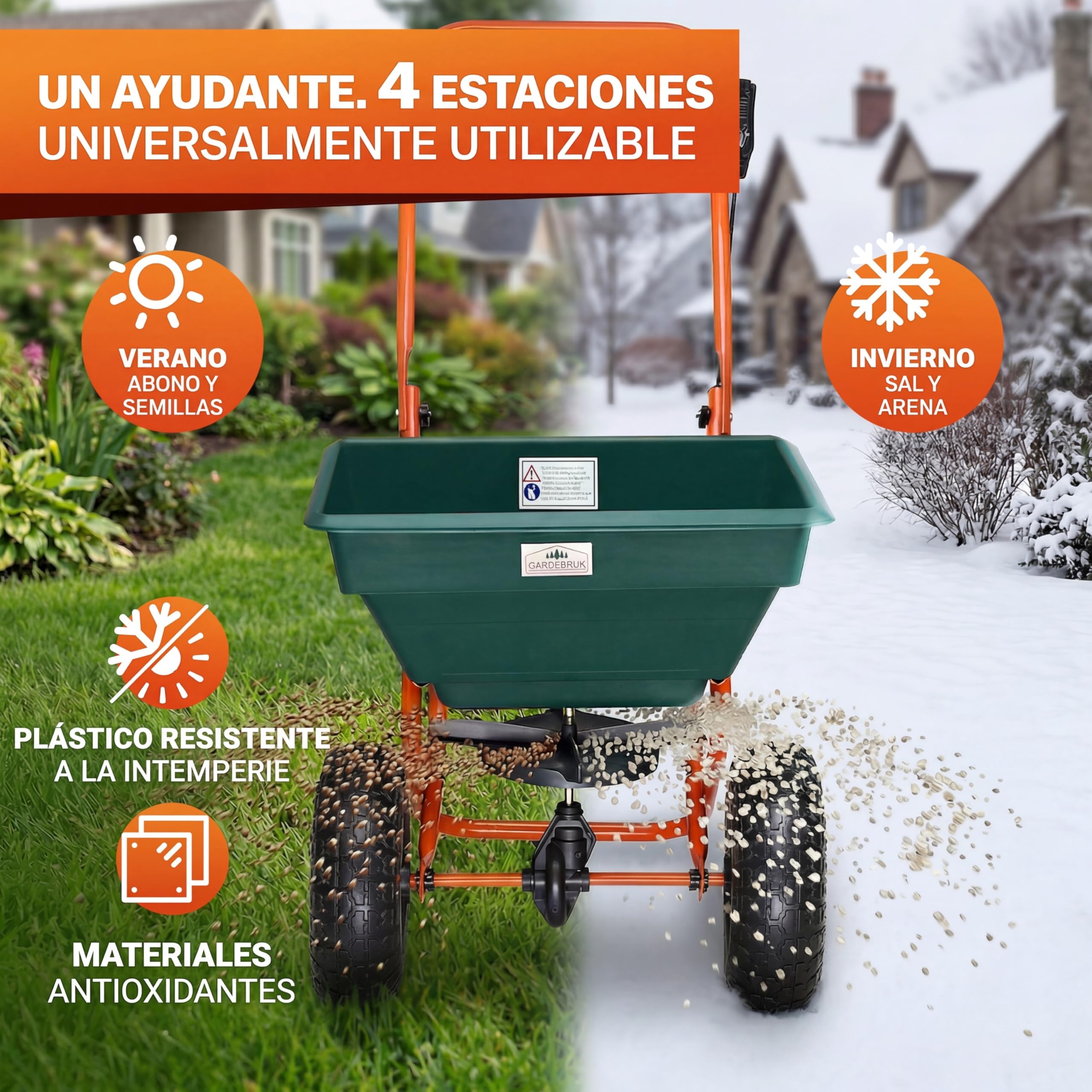 GARDEBRUK® Esparcidor 20L Capacidad Carga 25Kg Neumáticos Grandes Ø25 Todoterreno Abonadora Manual Sembradora Césped Esparcimiento Semillas Abono Sal Distribución Regulable