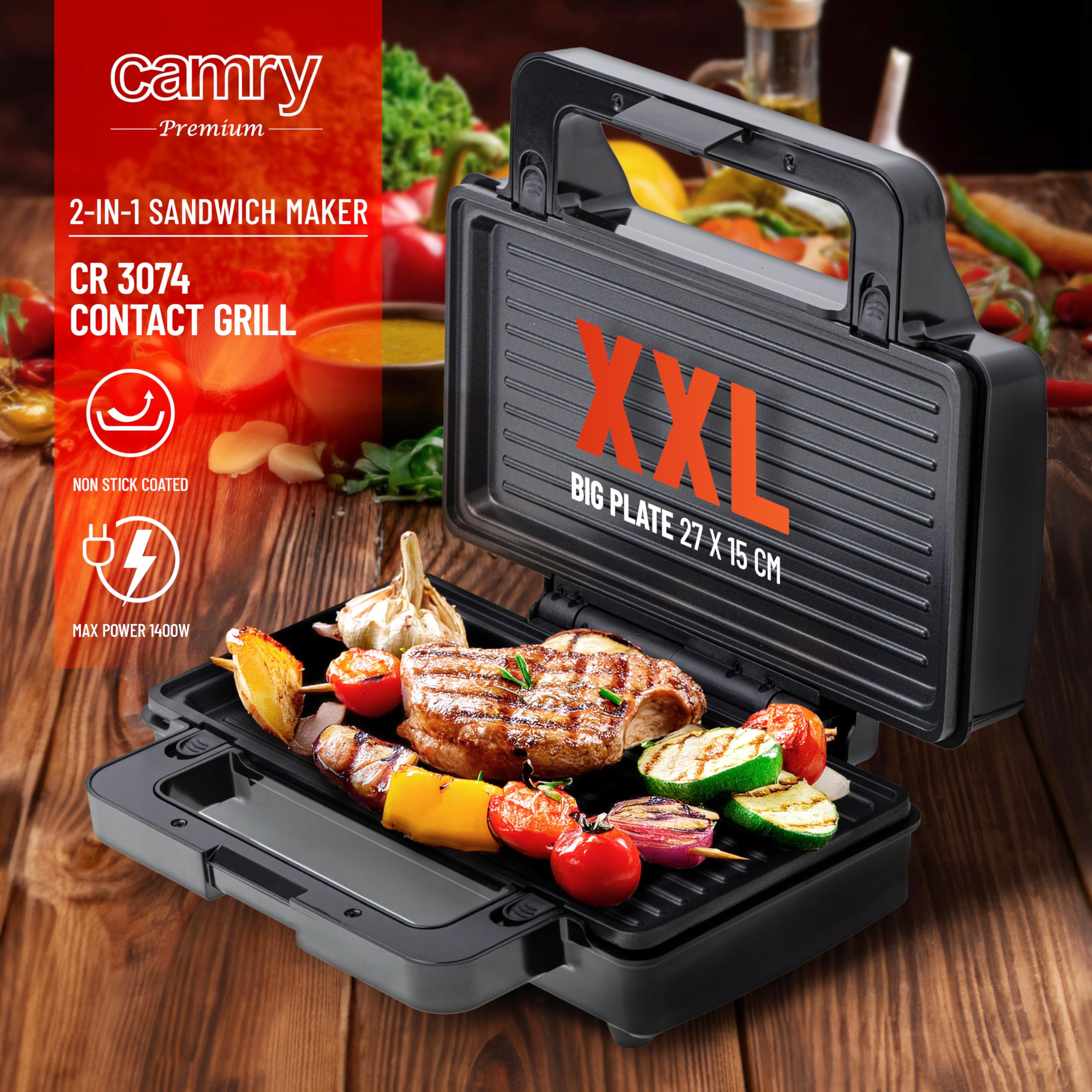 CAMRY Croque Monsieur Appareil, Machine a panini avec 2 Plaques Interchangeables, Grille-Sandwich et Grille de Contact, Revêtement Antiadhésif, Poignée de Sécurité, Témoins Lumineux, 1400 W, CR3075