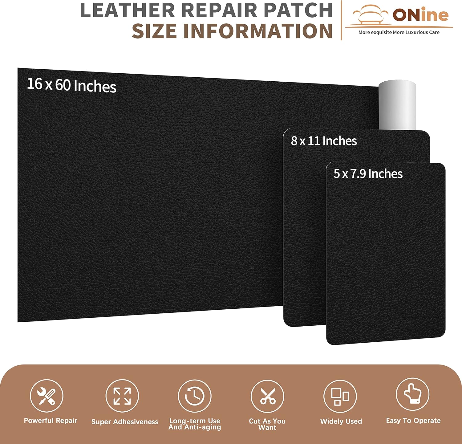 ONine Leather Rectangular Repair Patch,Self-Adhesive Couch Patch,Multicolor Available Scratch Leather 8X11 Inch Peel and Stick for Sofas, Car Seats Hand Bags Jackets(Black 2.0)