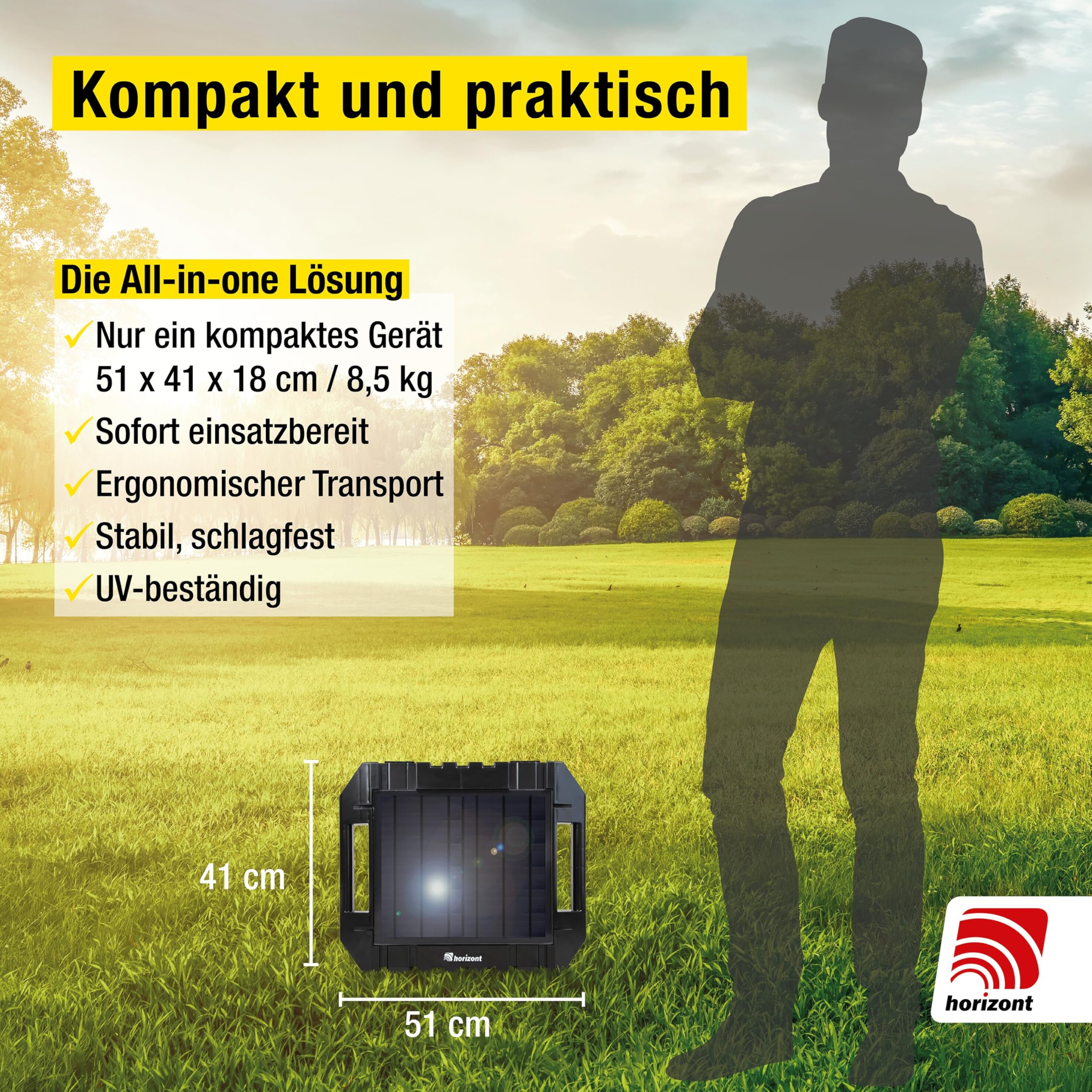 horizont Solar Weidezaungerät 12 V ranger ® AS1800SC - mit integriertem 15 W Solarpanel und 12 Ah Akku - für Zaunlängen bis zu 14 km oder 8 Elektronetze á 50 m, 11.800 V maximale Spannung