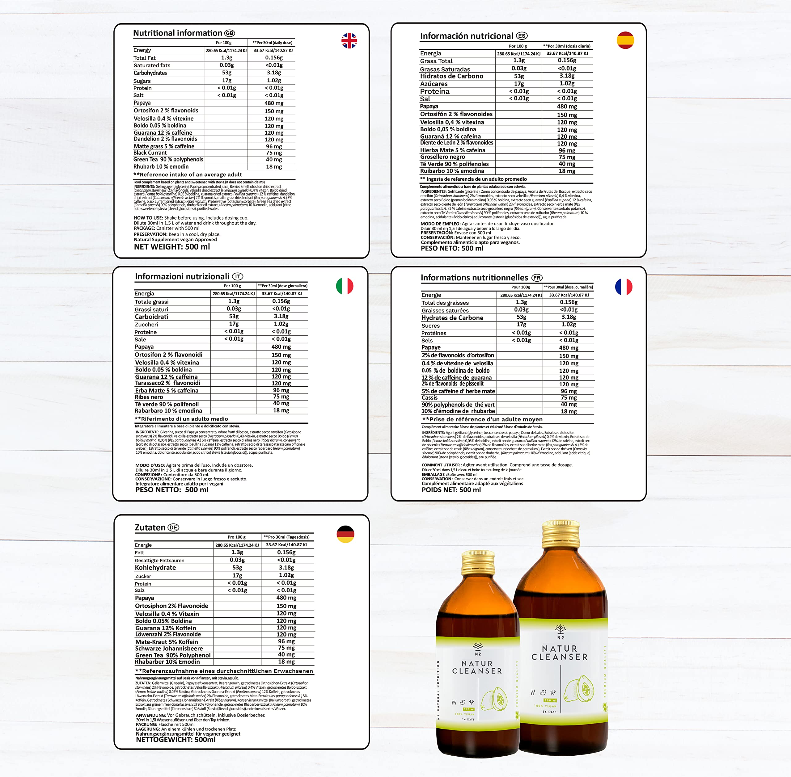 N2 Natural Nutrition. DETOX, Formula liquida Tè Verde, Tarassaco, Guaranà, Papaya, 500 ml. Con Tè di Giava, Mate, Ribes Nero, Rabarbaro. VEGANO. CE.