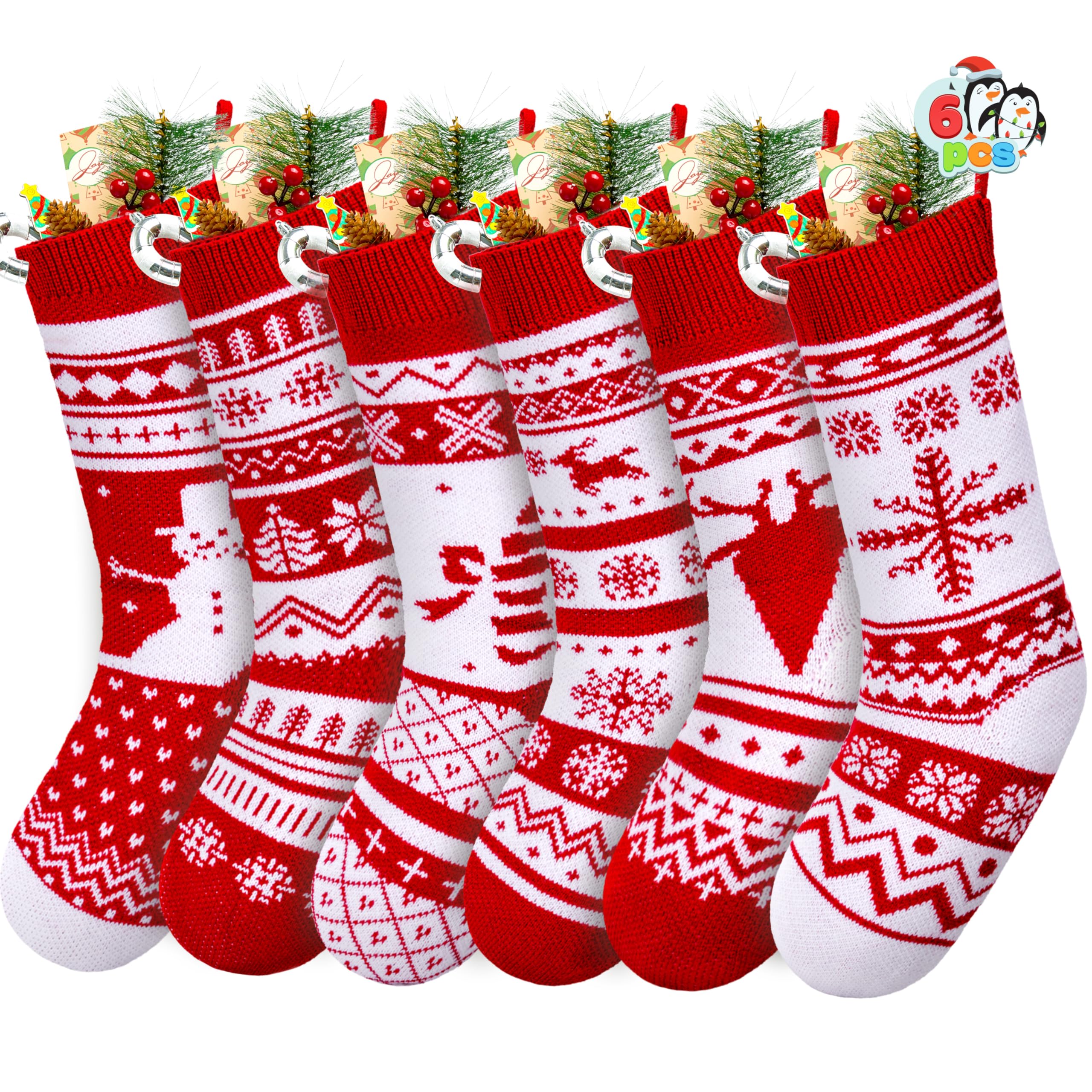 JOYIN 6 Pack 18" Christmas Knit Stockings, Large Rustic Yarn Xmas Stockings Bulk, Cable Knit Xmas Stockings with Snowflake Snowman Reindeer Character for Christmas Tree Fireplace Holiday Decorations