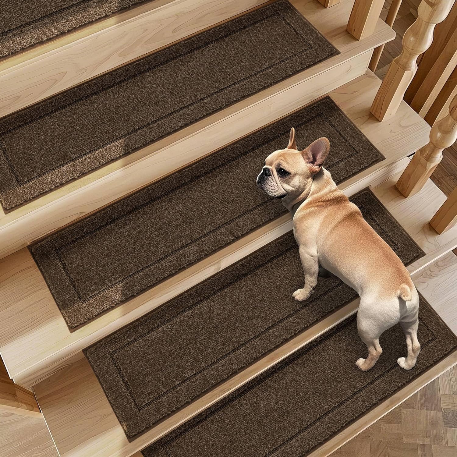 Photo 1 of Non-Slip Stair Treads for Wooden Steps Indoor, 4 Pack 8" X 30" Edging Stair Rugs with TPE Backing, 0.4" Thick Carpet Stair Treads for Kids Elders & Pets, 100% Polyester Soft Stair Runners, Brown