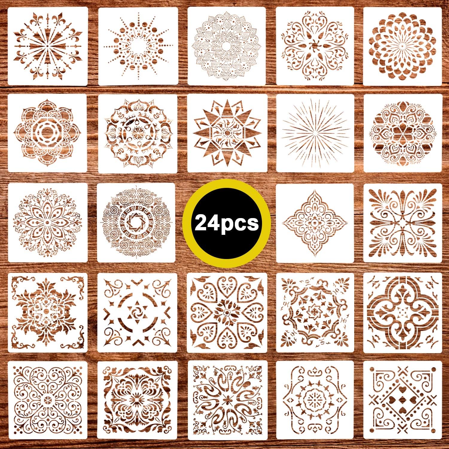 24 Pack (6x6Inch) Painting Drawing Mandala Dot Stencil Template for DIY Rock Painting Art Projects, Reusable