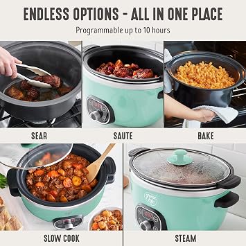 GreenLife 6QT Ceramic Slow Cooker, PFAS-Free, Programmable, Removable Healthy Nonstick Pot for Family Meals, Sear on Stovetop, Keep Warm, Digital Timer, Dishwasher Safe Crock, Turquoise