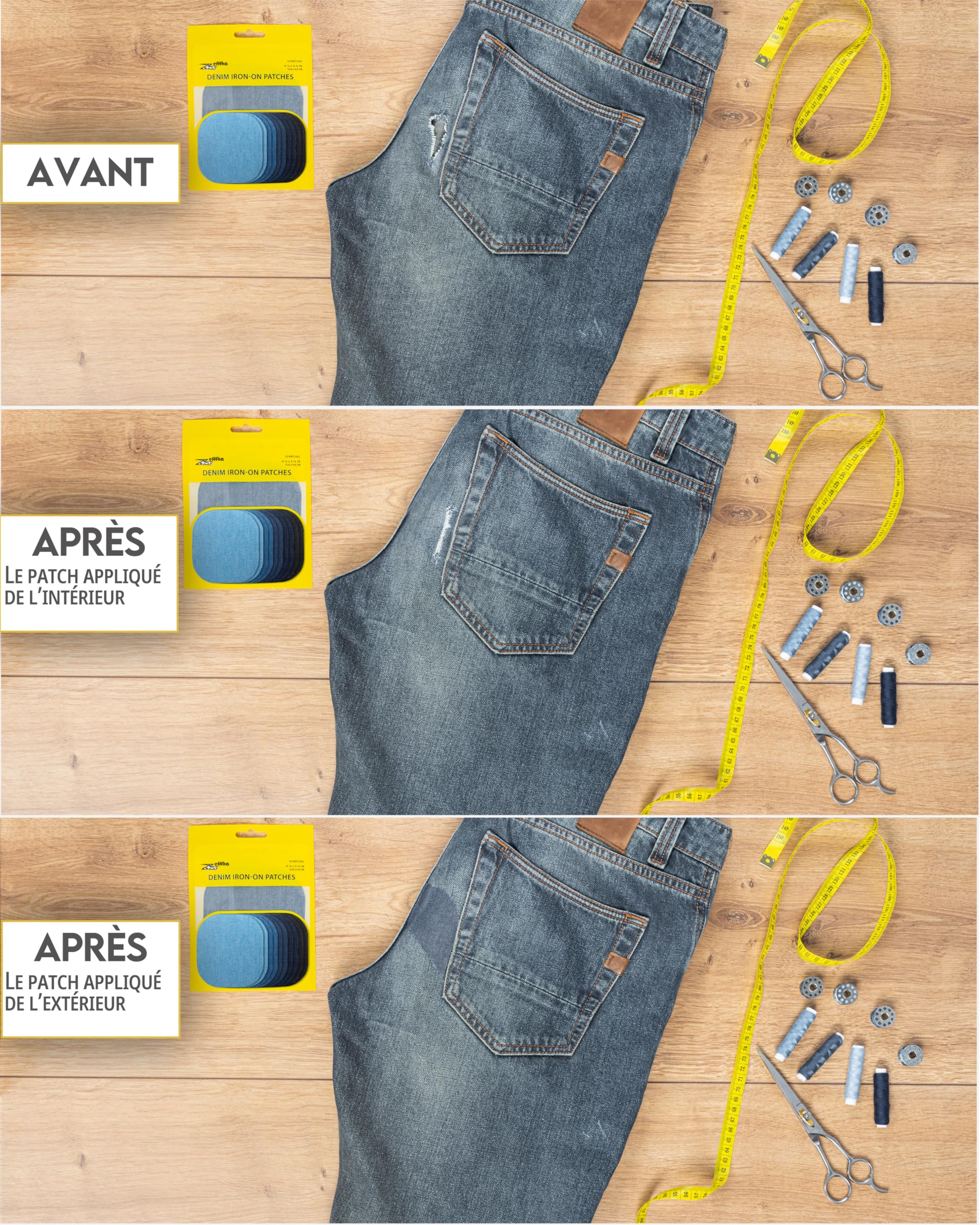 ZEFFFKA Patchs Jean Thermocollant Denim L'intérieur L'extérieur Colle Plus Forte 100% Coton Décoration Réparation Bleu Assorties 10 Pcs Taille 4-1/4 by 3-3/4 (9.8 cm x 10.8 cm