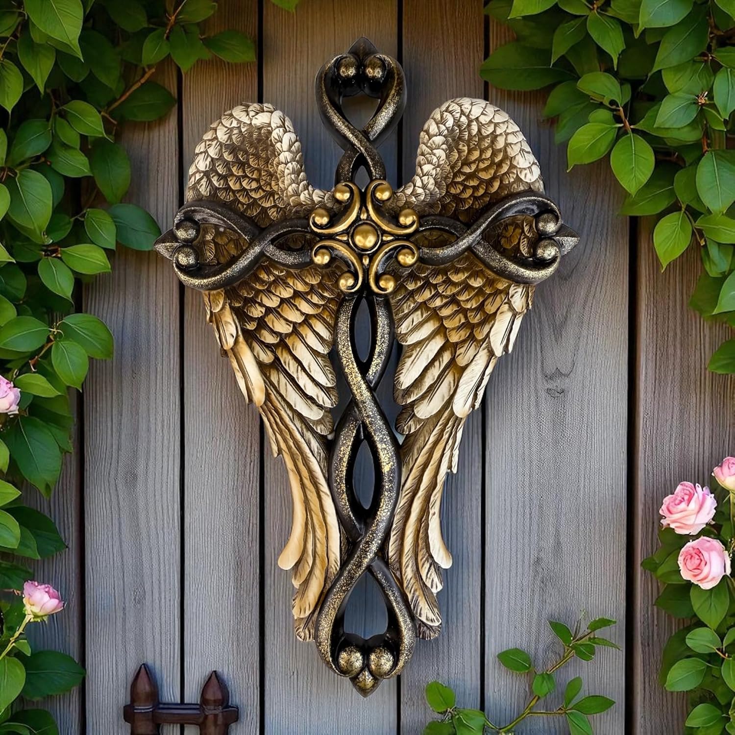 Top Brass Angel Wing Wall Cross – 12” Decorative Resin Cross with Sculpted Guardian Angel Wings – Inspirational Christian Jesus Art for Home, Prayer Room, or Memorial