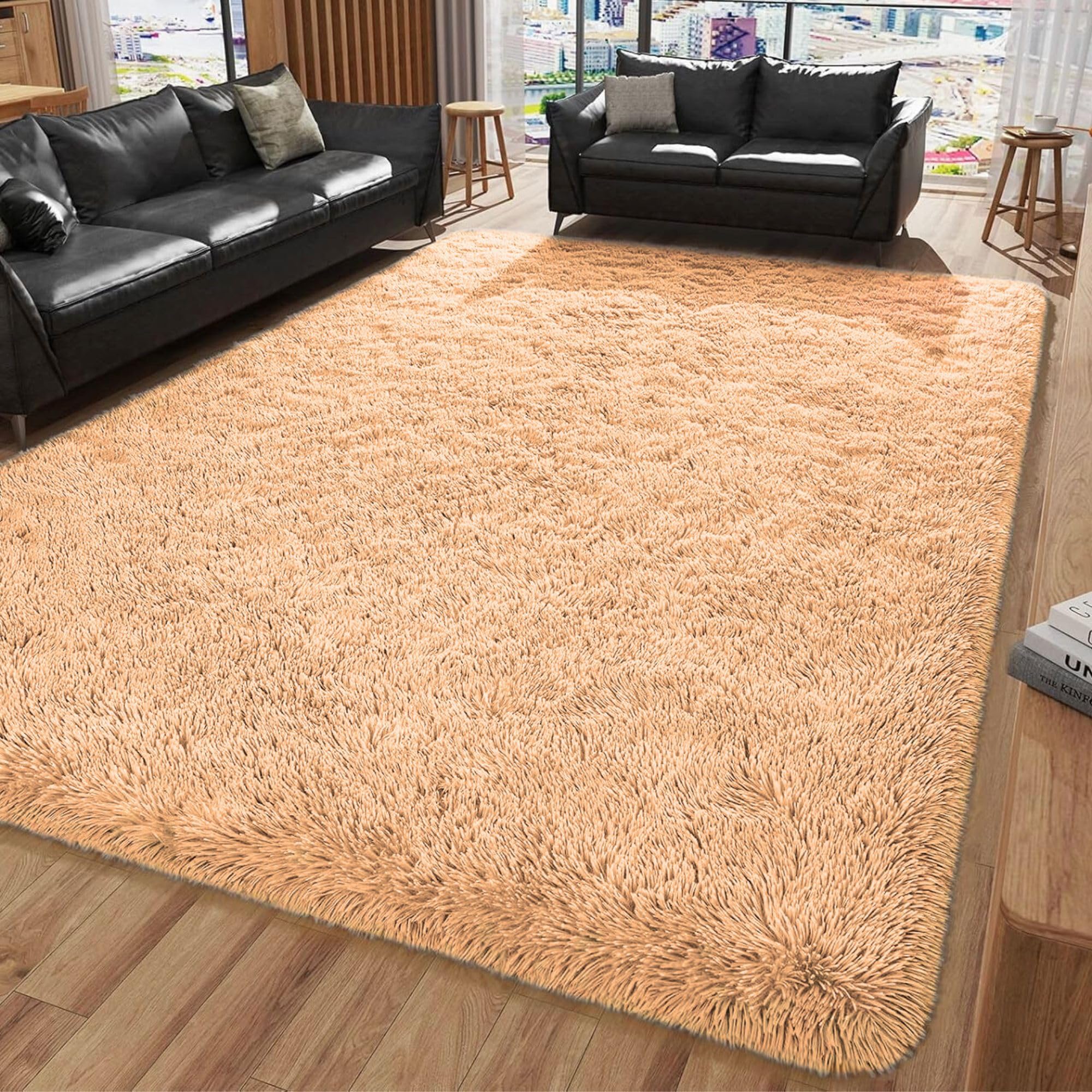 Oxford Homeware Shaggy Rugs Living Room 140 x 200 cm Beige Rug for Bedroom Non Slip Fluffy Carpet Non-Shedding Thick Soft High Pile Rug Kids Room
