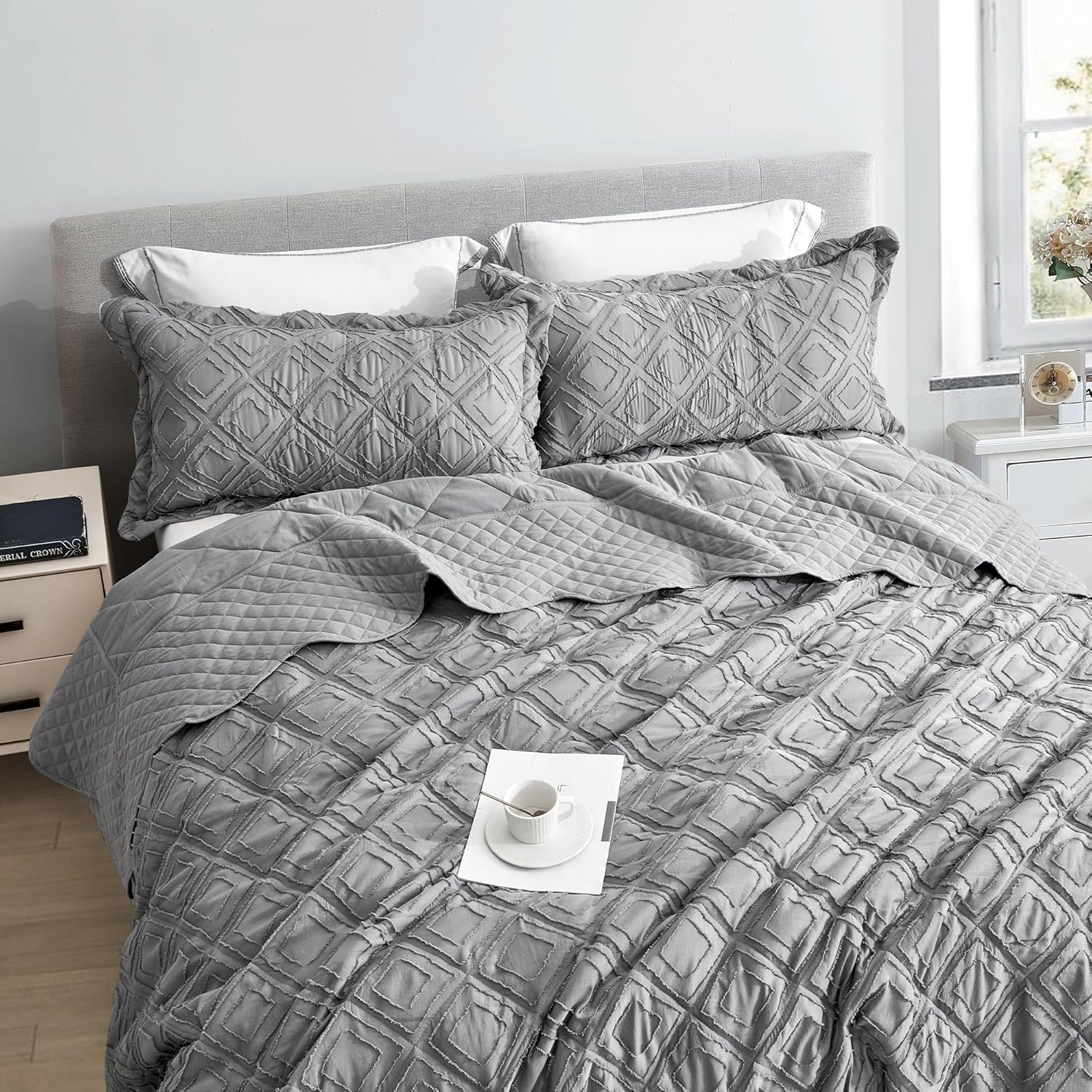 Oversized King Bedspread, Tufted Jacquard Diamond Pattern, Shabby Chic Boho Bohemian Look, Lightweight, 3 Piece, Grey - Image 5