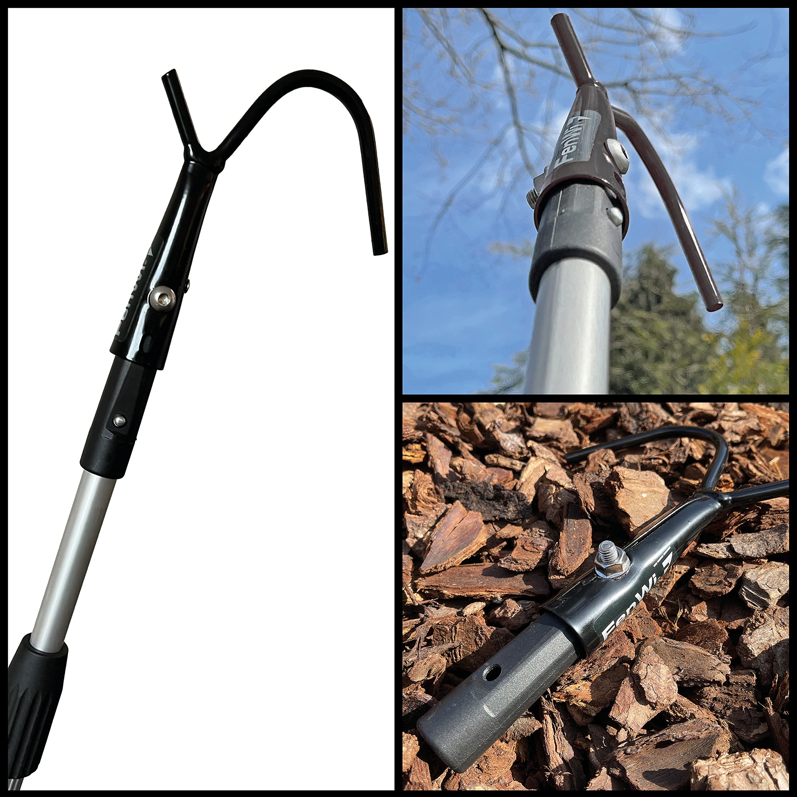FenWi Teleskop Baumpflege Gartengeräte Set mit 6m Aluminium Teleskopstange, Astschere (Raupenschere mit Zugschnur), Astsäge, Obstpflücker und Baum-Haken - bis zu 8,50m Höhe