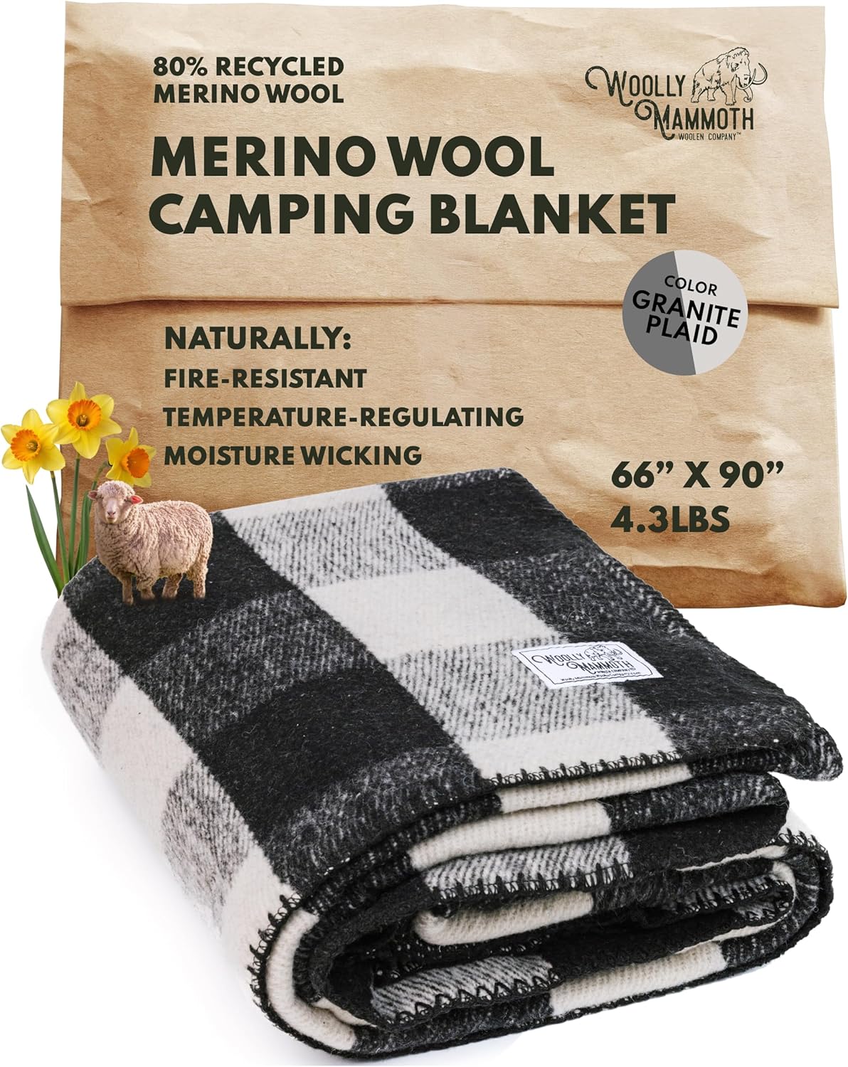 Woolly Mammoth Woolen Company Merino Wool Blanket - 80% Merino Wool - Camping Blankets for Cold Weather - Mositure-wicking for Overlanding, Hunting, Emergency Kits, Bushcraft (66" x 90" Granite Plaid)
