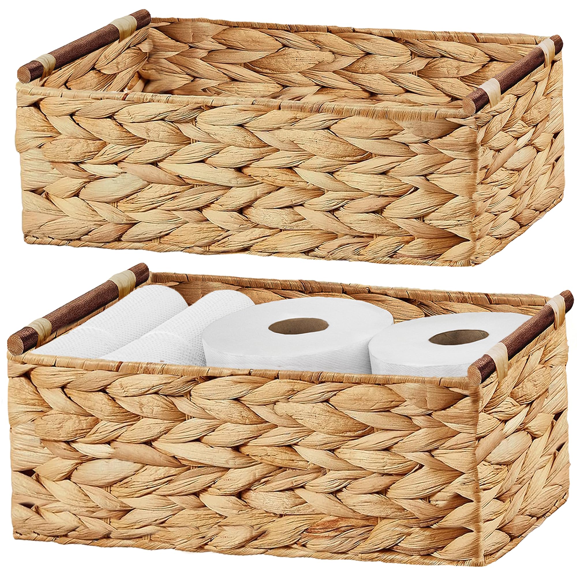 Vagusicc Wicker Storage Basket with Handles, Set of 2 Water Hyacinth Organiser Storage Basket for Shelves, Wicker Hamper Basket With handles Gift Toys Bathroom Basket Toilet Paper Basket, S&M