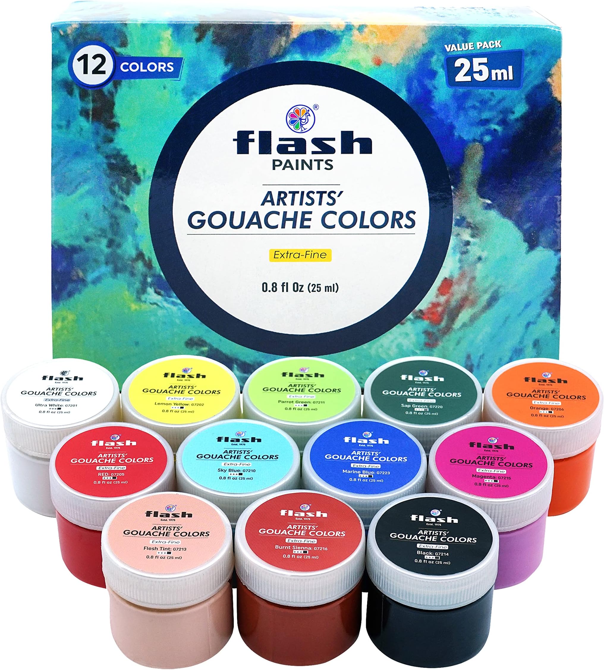 Flash Gouache Paint Set 12 Colors 25 Ml, 0.8 Fl Oz Each Matt