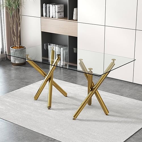 Mesa de comedor de cristal de 71 pulgadas, mesa de comedor dorada para 6-8, mesa de cocina y comedor de gran tamaño con parte superior de vidrio