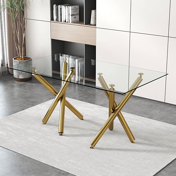 Large Gold-Legged Rectangular Glass Table