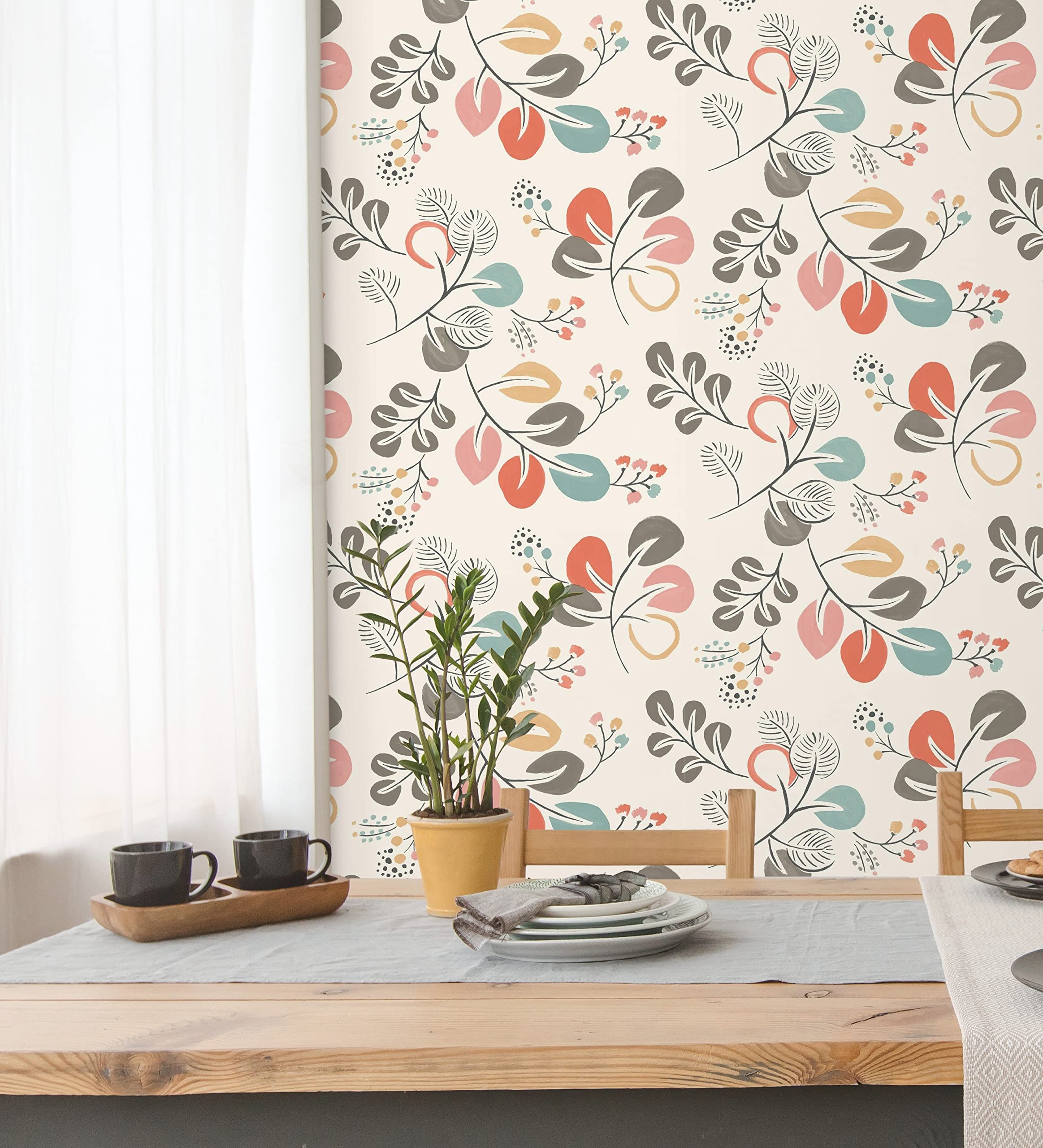 GAULAN 679414 - Papel pintado vinílico ecológico de hojas de estilo nórdico tonos coral para pared salón cocina baño dormitorio mueble - Rollo de 10 m x 0,53 m