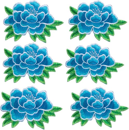 Parches de bordado de flores de peonía, apliques, vestido de boda, decoración de bricolaje, ropa de mujer, parche de tela de costura, 6 piezas (azul)