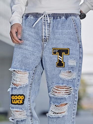 Miniatura 5 de WDIRARA Pantalones vaqueros rasgados con letras rasgadas para hombre, con cremallera deshilachada, pantalones de mezclilla largos de pierna recta,