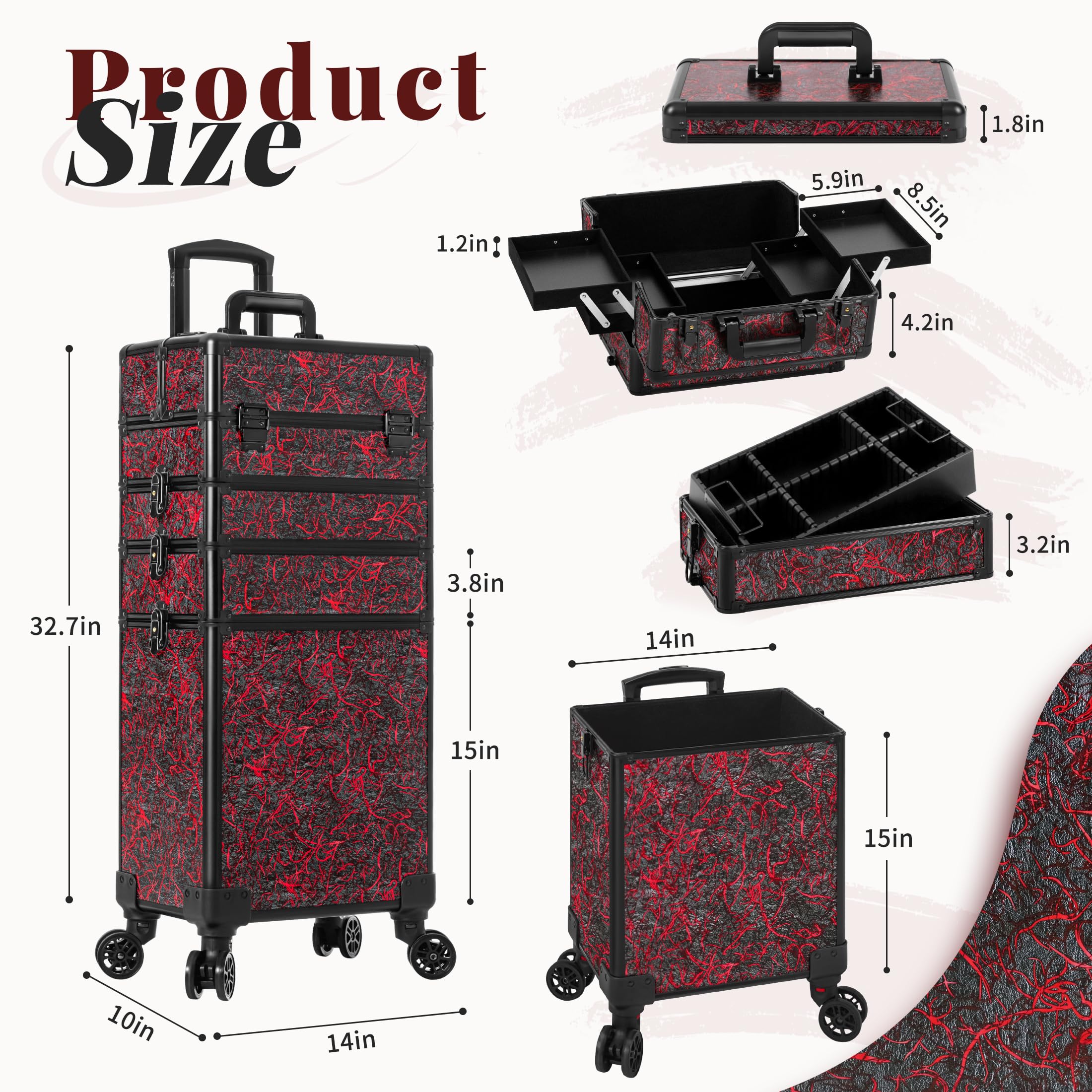 Arous 5-in-1-Kosmetik-Trolley mit Rollen, Abschließbar, für Friseure, Künstler, Reisen, Nägel, Rot, Make-up-Tasche zum Rollen