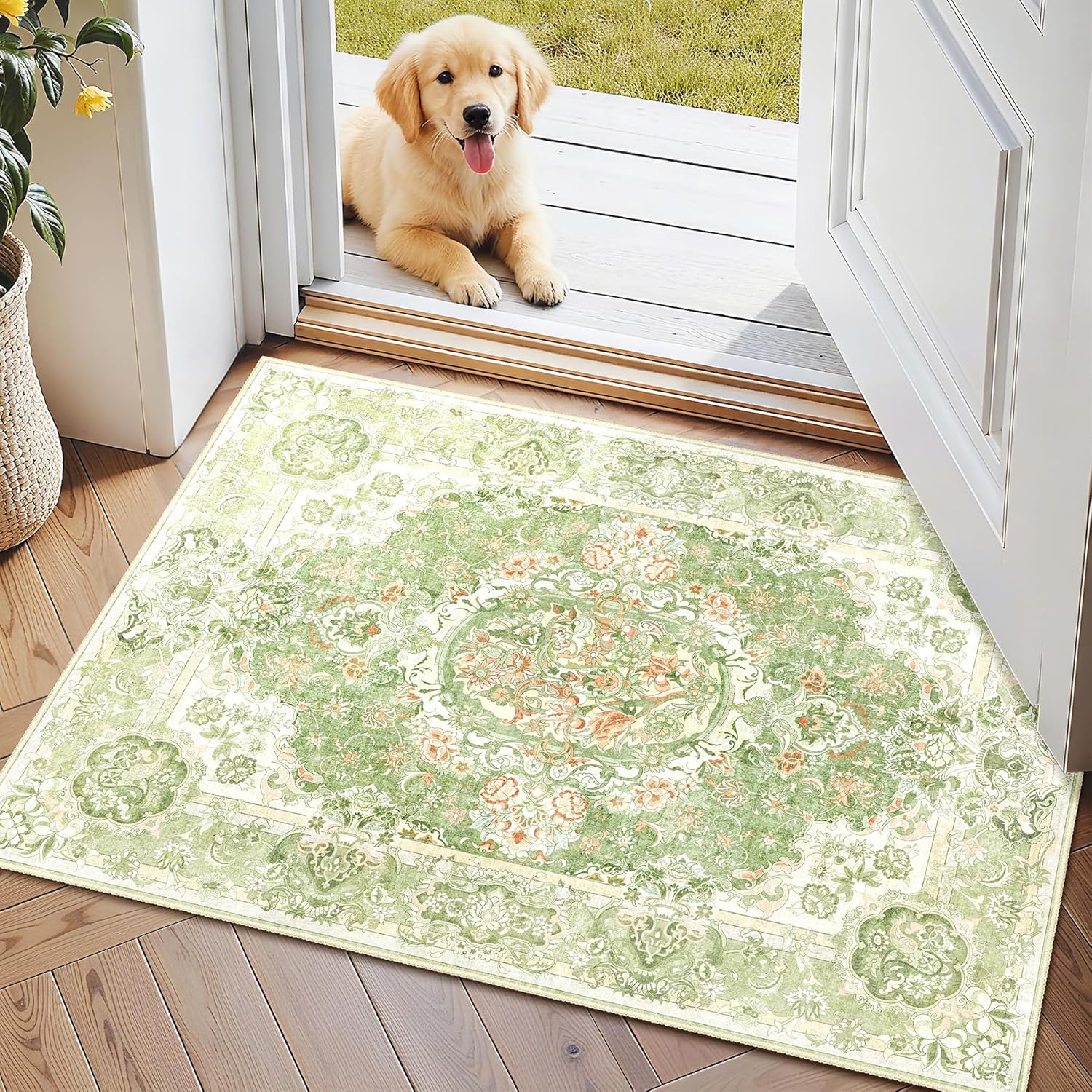 Boho Washable Area Rug 5x7, Vintage Floral Low Pile Non Slip Rug for Living Room Bedroom, Farmhouse Decorative Carpet,Blush Pink