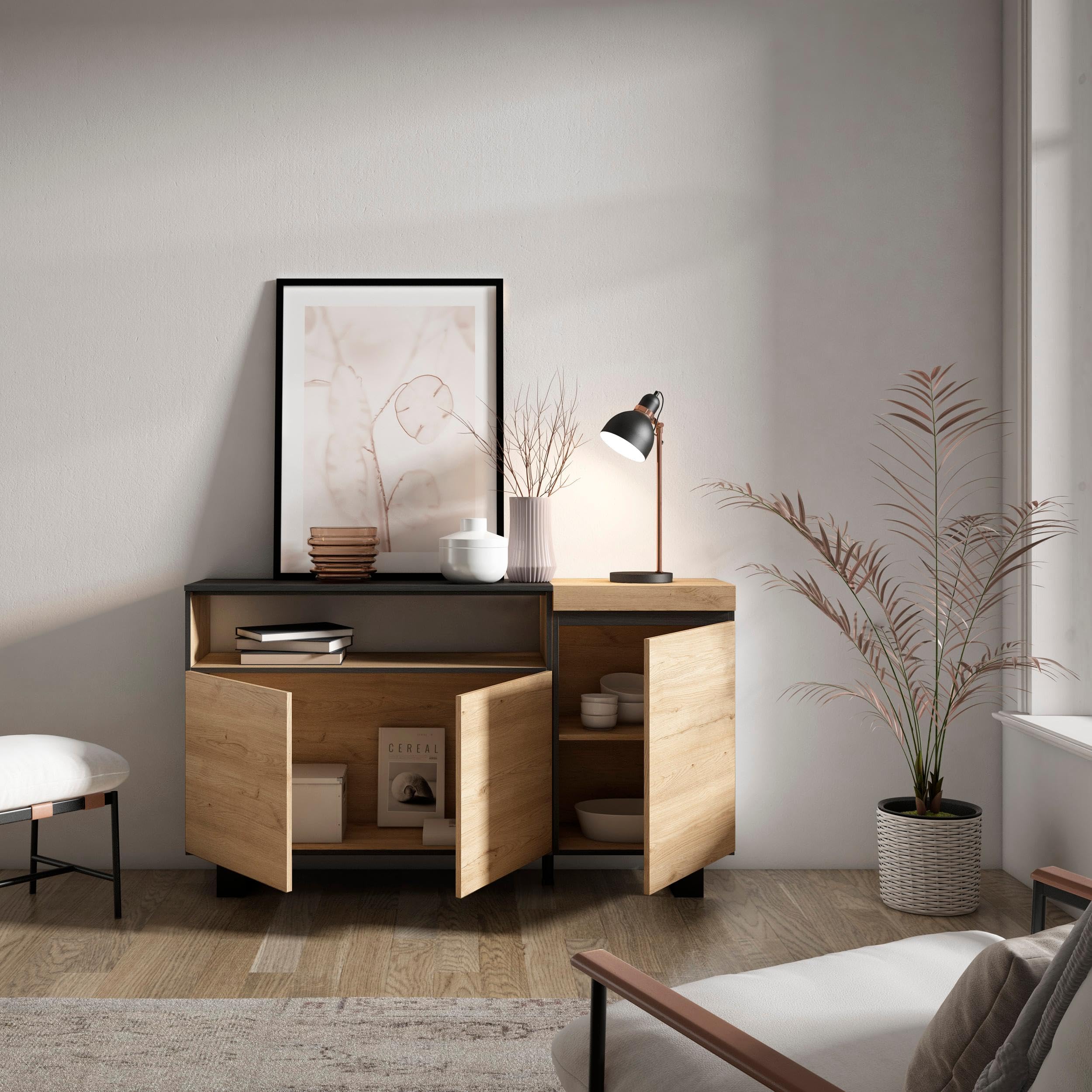 Skraut Home | Aparadores para salón | Gran Capacidad de almacenaje | 150x87x35cm | 3 Puertas | Diseño Industrial | Estilo Moderno | Roble y Negro