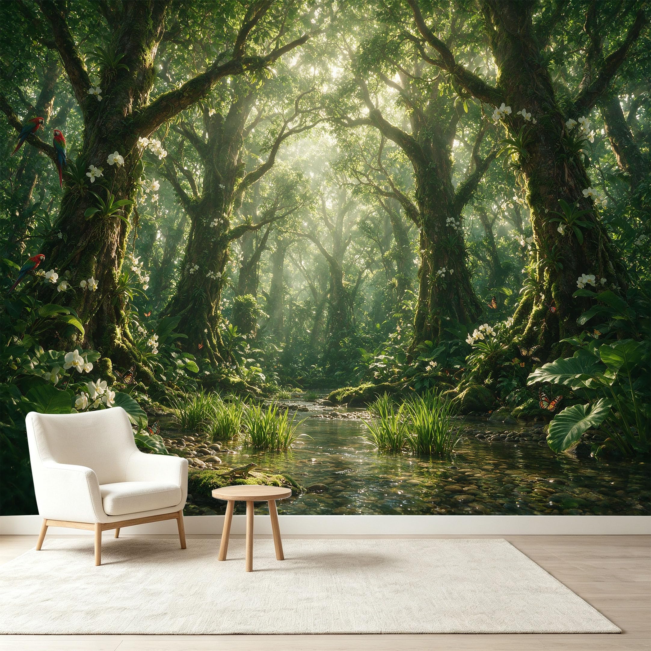 Custom Size Wall Murals Tropical Jungle Botanical Rainforest Sunlight Stream Orchids Wildlife Self-Adhesive Wall Fabric Removable Wallpaper Wall Decor for Living Room Bedroom Bathroom