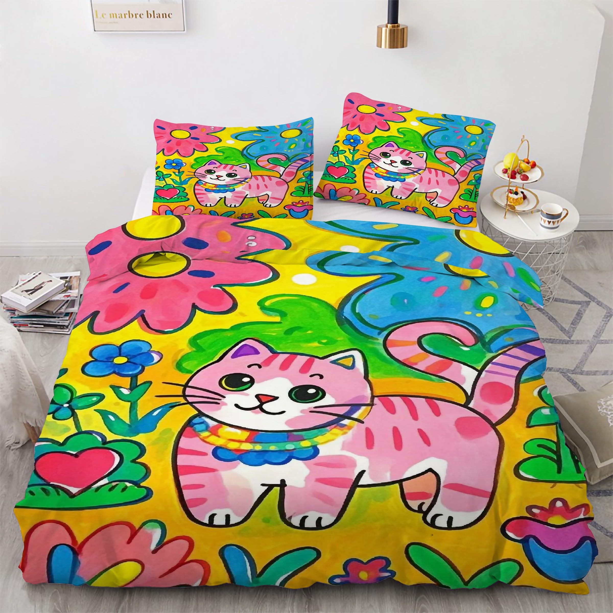 Housse de couette 200x200 chat de dessin animé 3 pièces en microfibre douce avec taies
