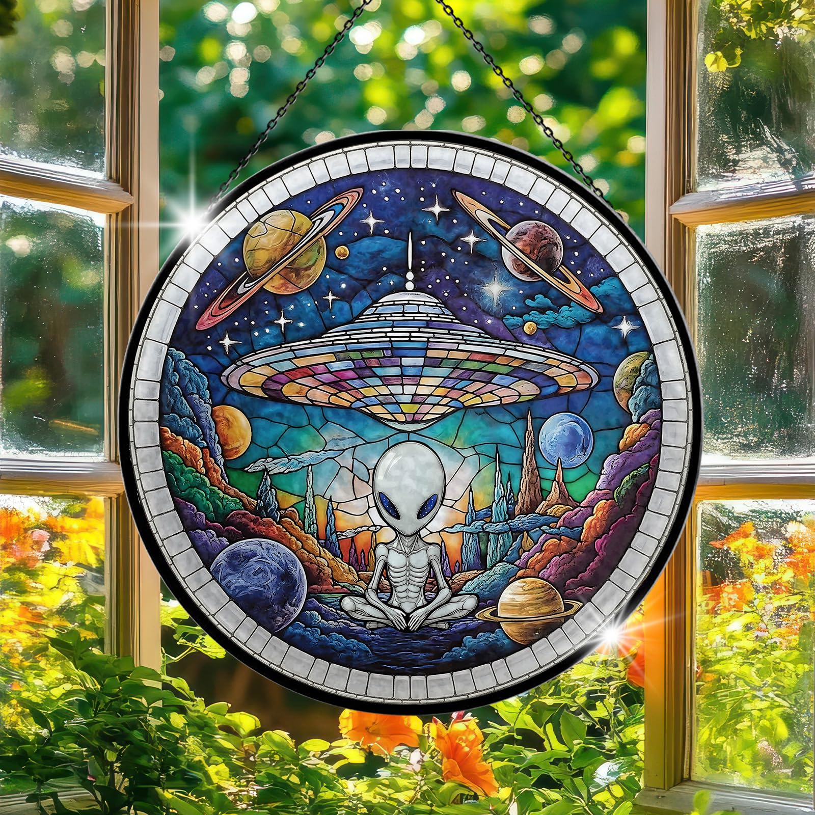Alien Spaceship Stained Glass Window Hanging, 7.9" UFO Sun Catcher Glass Panel Boho Wall Art Decor, Hand Painted Round Ornament for Friends, Art Lover, Astronomer