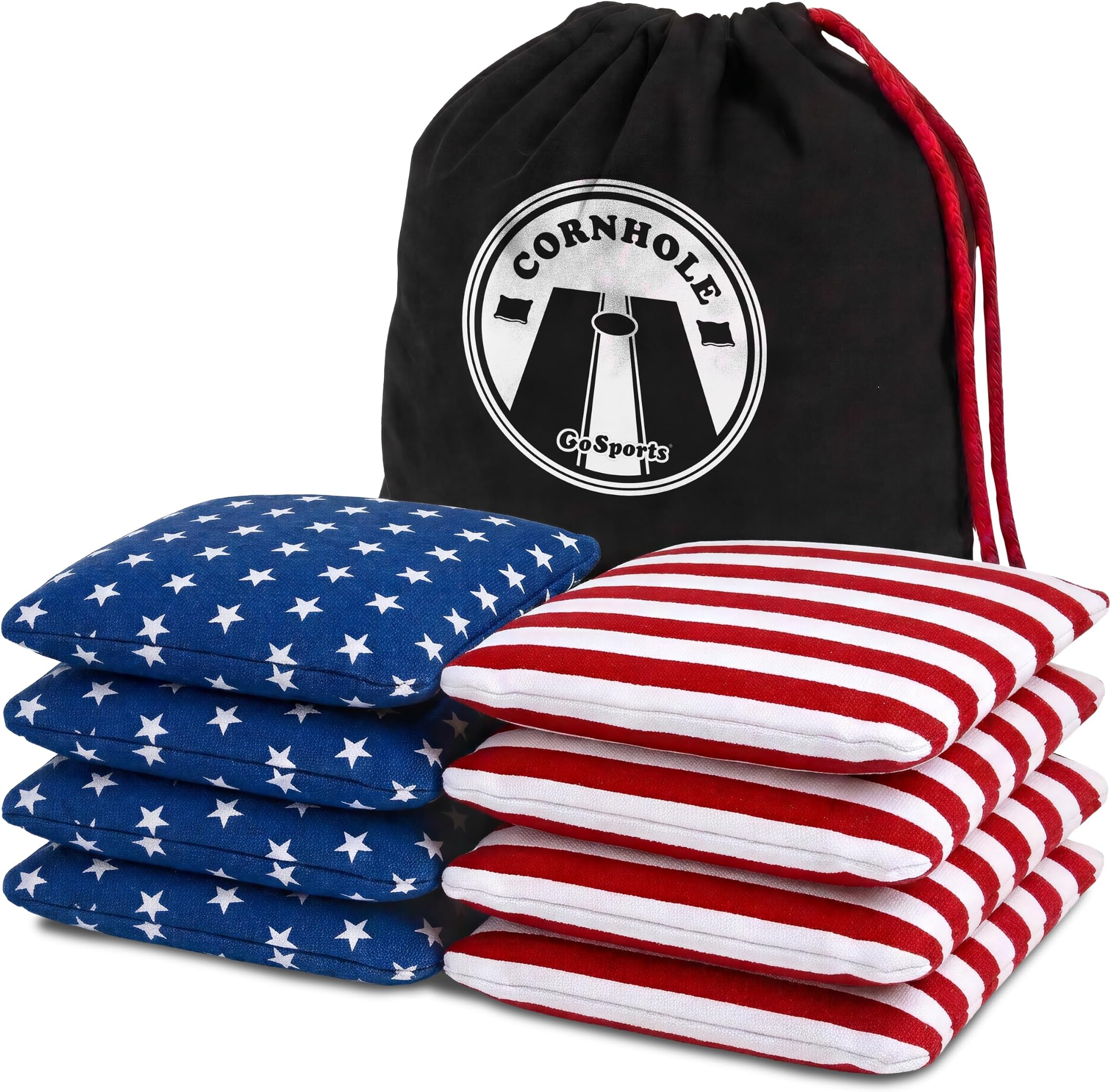 GoSports Official Regulation Cornhole Bean Bags Set of 8 – for Competitive Cornhole Games - All Weather - American Stars and Stripes or Red and Blue