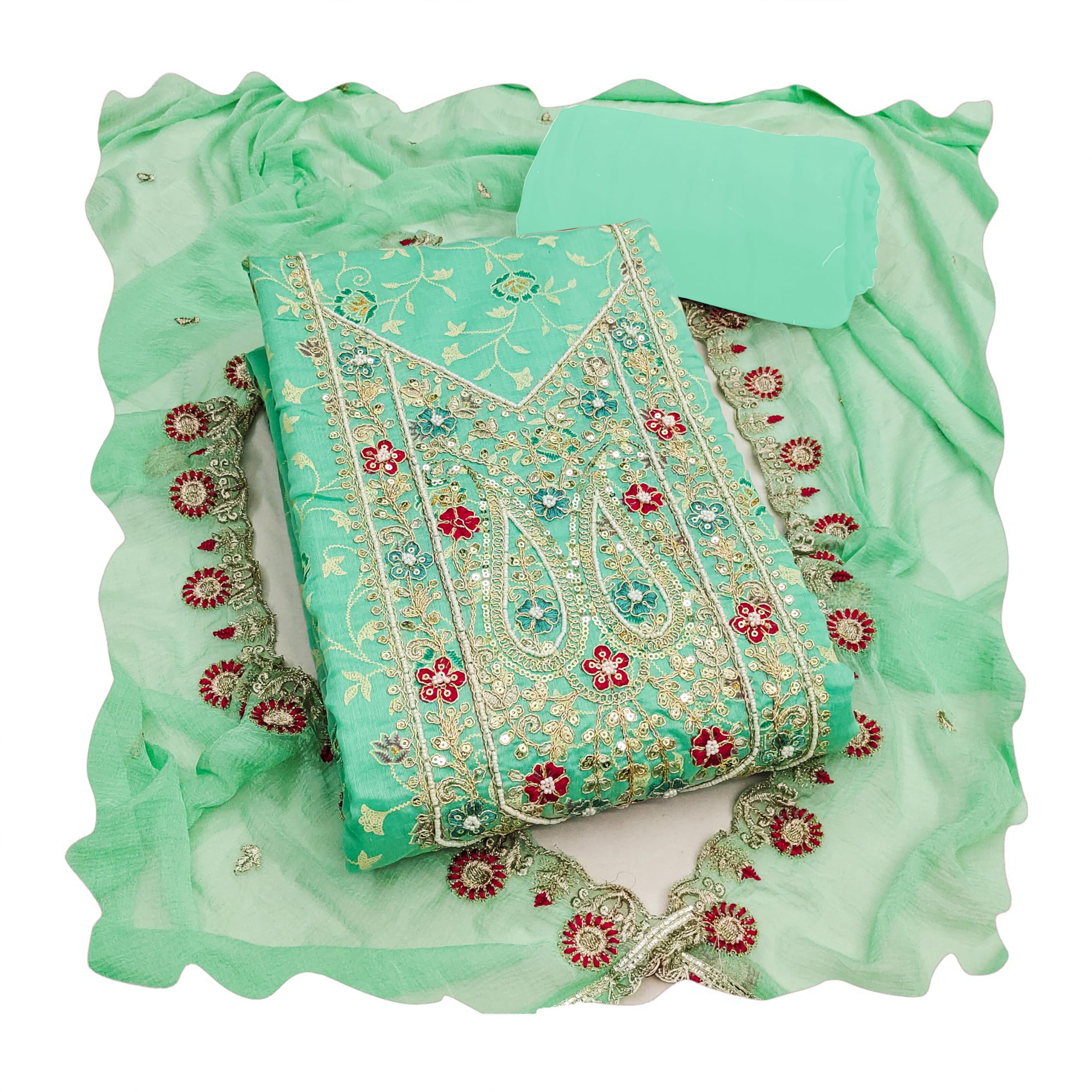 manvaa Women's Sea Green Unstitched Embroidery Handwork & Fancy Border Modal Cotton Dress Material (MSMFC11677A)-picture-1