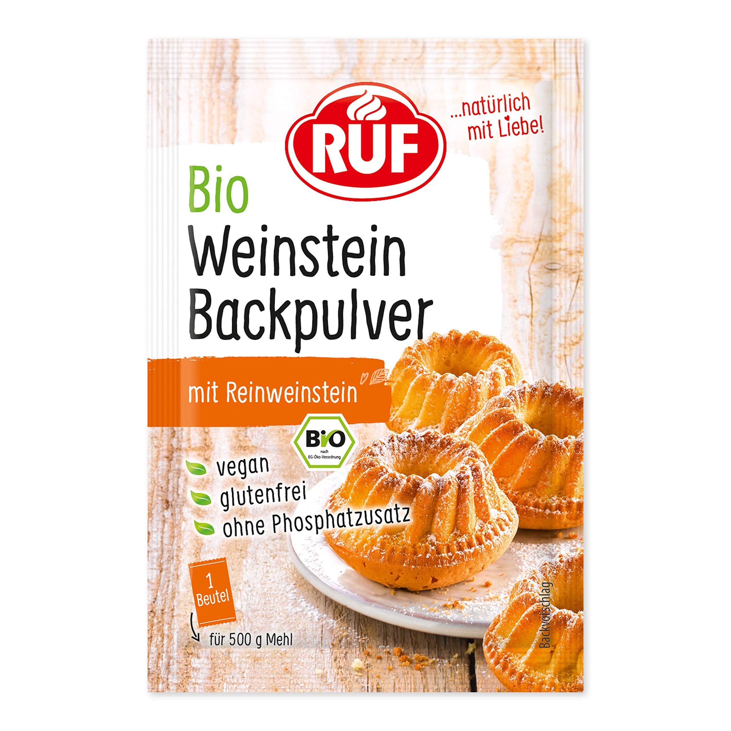 RUF Bio Weinstein-Backpulver, ohne Phosphatzusatz, Backtriebmittel zum Backen von Kuchen, Torten, Muffins und Cupcakes, glutenfrei und vegan, 3 x 20g