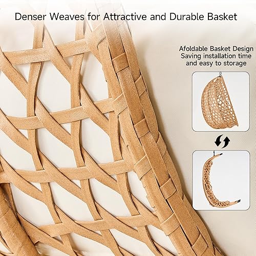 Miniatura 4 de ONBRILL Silla colgante doble con soporte, hamaca estilo nudo bohemio, cesta plegable y tejidos más densos, sofá biplaza de capacidad de 650 libras