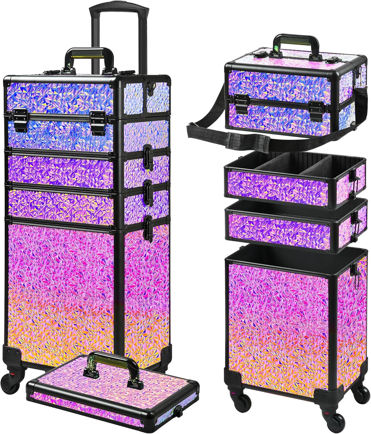 Rolling Makeup Case, Makeup Train Case with Lid, 5 in 1 Cosmetology Case on Wheels, Christmas Gift, Large Makeup Case Organizers, Profesional Cosmetic Case for Salon Barber,Black Colorful