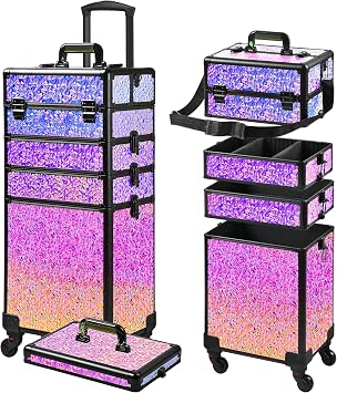 Rolling Makeup Case, Makeup Train Case with Lid, 5 in 1 Cosmetology Case on Wheels, Christmas Gift, Large Makeup Case Organizers, Profesional Cosmetic Case for Salon Barber,Black Colorful