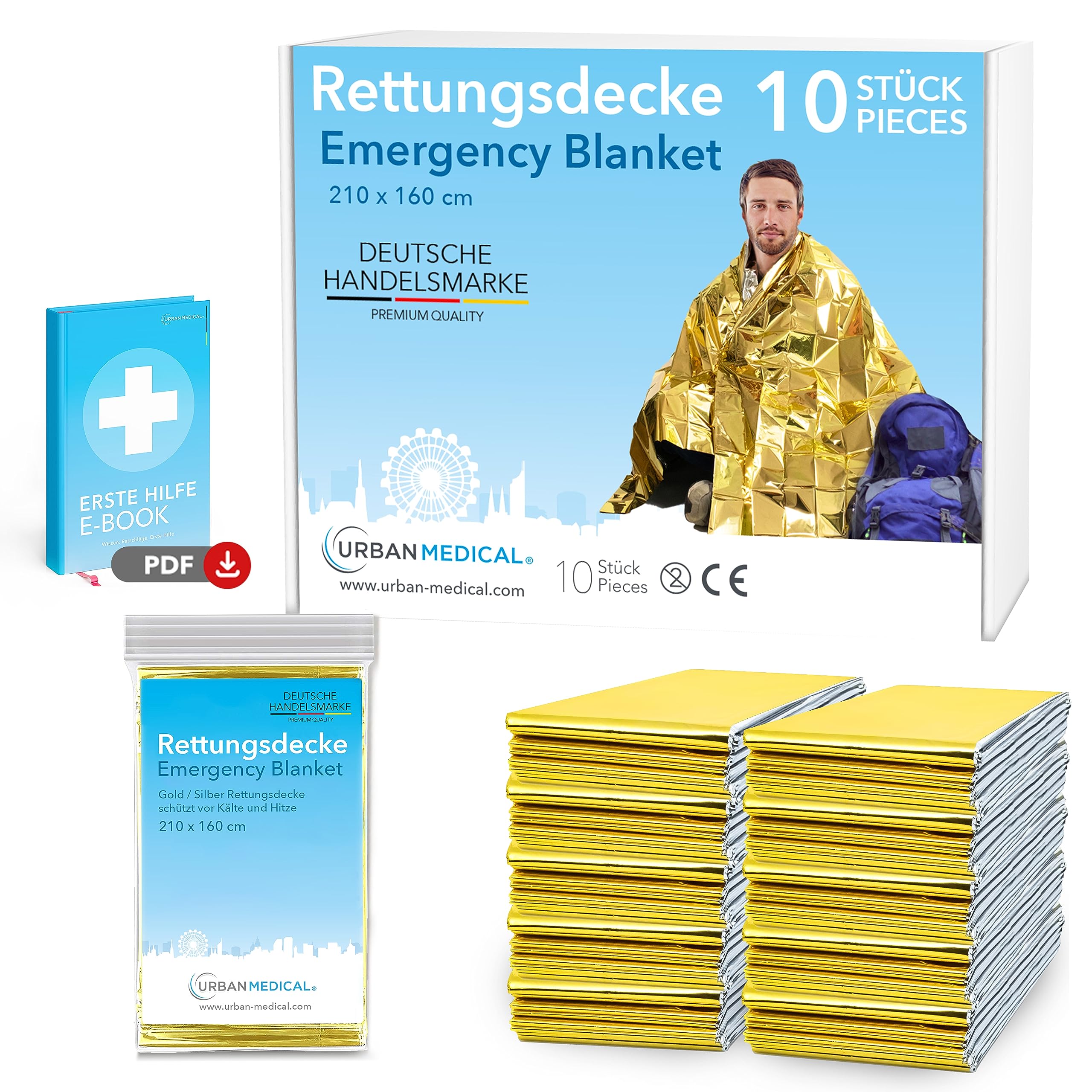 Premium Emergency Foil Blanket from First Aid Rescue Foil | 10 Pieces | Gold/Silver | 210 x 160 cm | Waterproof Survival Blanket | Cold and Heat Protection | Car Accessories-image-42